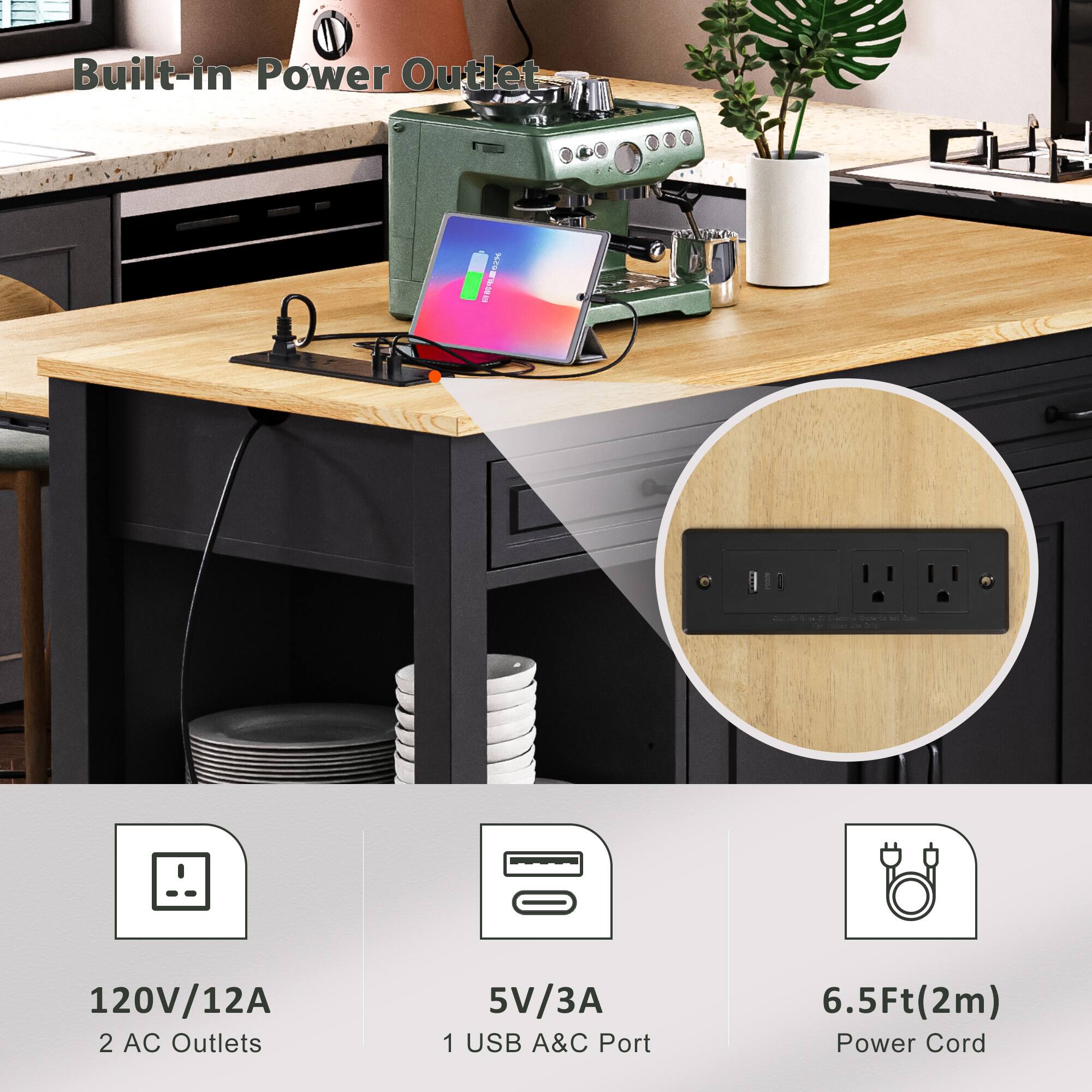 Built-in Power Outlet

120V/12A  
2 AC Outlets

5V/3A  
1 USB A&C Port

6.5Ft (2m) Power Cord