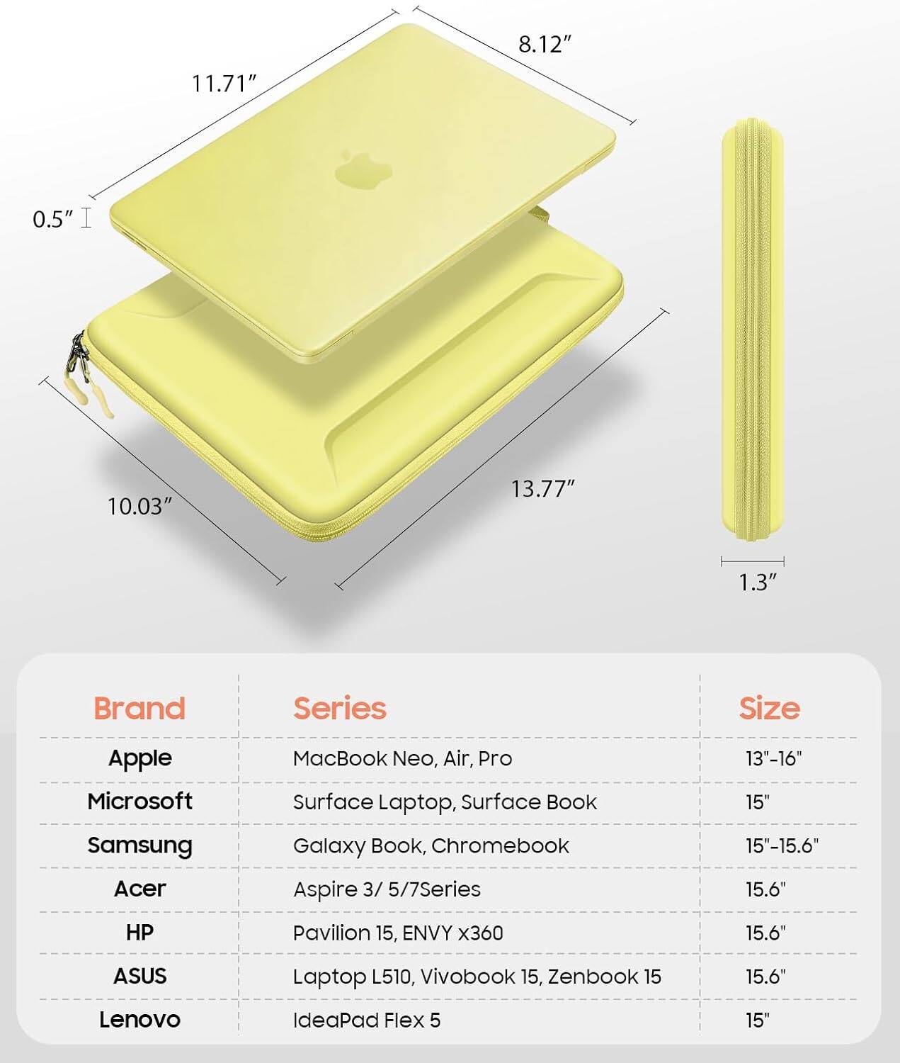 8.12"  
11.71"  
0.5" I  
10.03"  
13.77"  
1.3"  

Brand  
Series  
Size  

Apple  
Microsoft  
Samsung  
Acer  
HP  
ASUS  
Lenovo  

MacBook Neo, Air, Pro  
Surface Laptop, Surface Book  
Galaxy Book, Chromebook  
Aspire 3/5/7 Series  
Pavilion 15, ENVY x360  
Laptop L510, Vivobook 15, Zenbook 15  
IdeaPad Flex 5  

13"-16"  
15"  
15"-15.6"  
15.6"  
15.6"  
15.6"  
15"