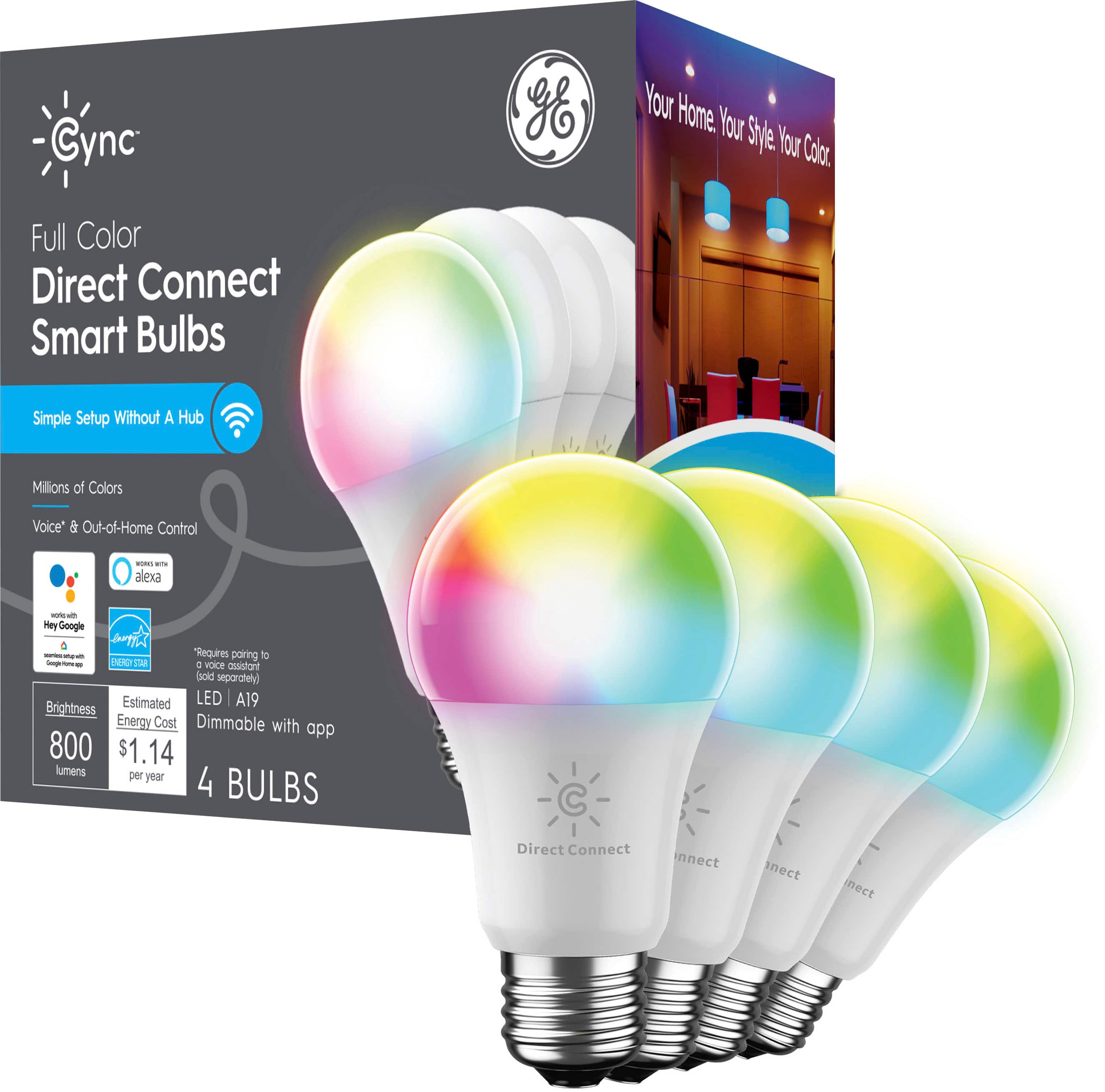 Cync - A19 Smart LED Light Bulbs (4 Pack) - Color Changing - Full Color - Front_Zoom