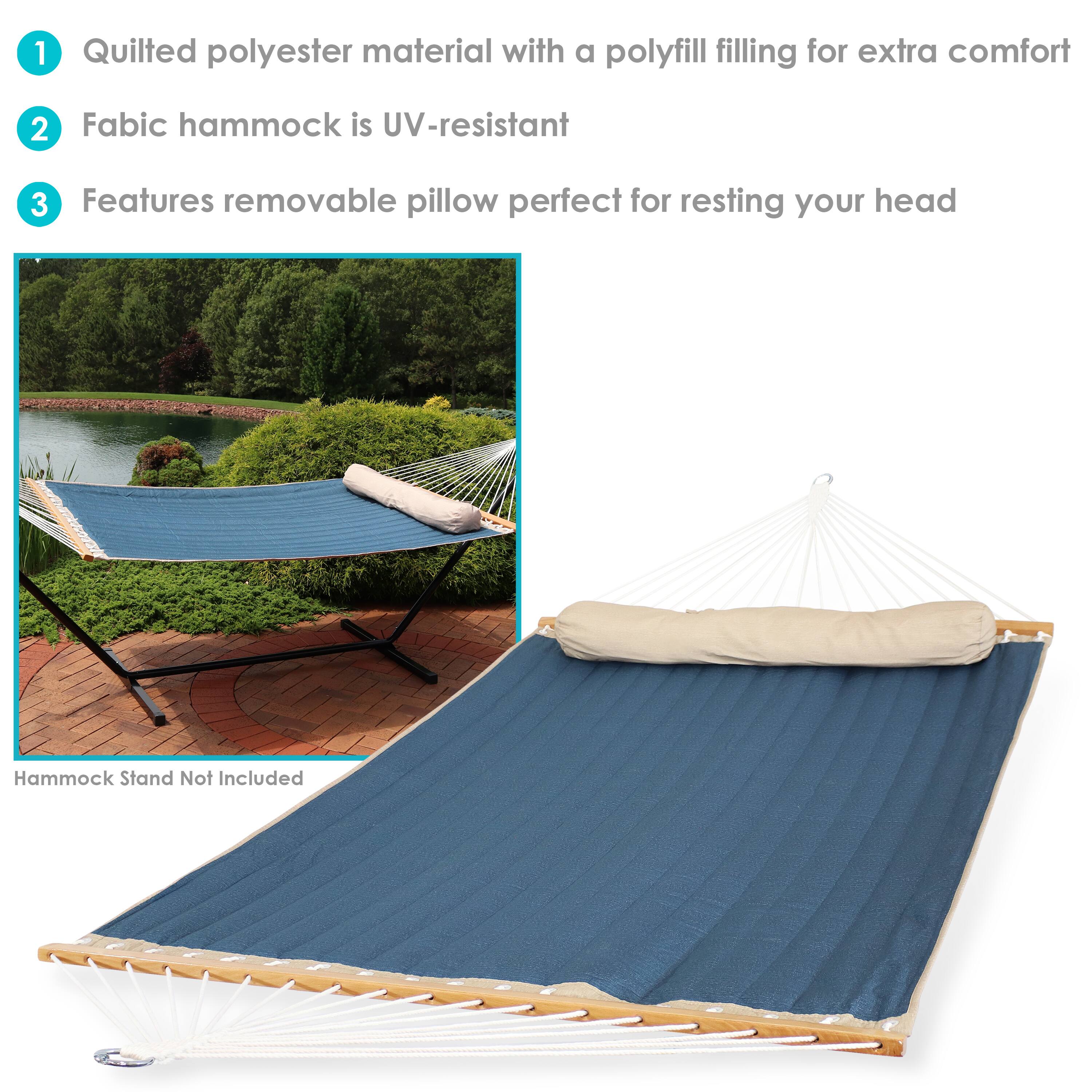 1. Quilted polyester material with a polyfill filling for extra comfort  
2. Fabric hammock is UV-resistant  
3. Features removable pillow perfect for resting your head  

Hammock Stand Not Included