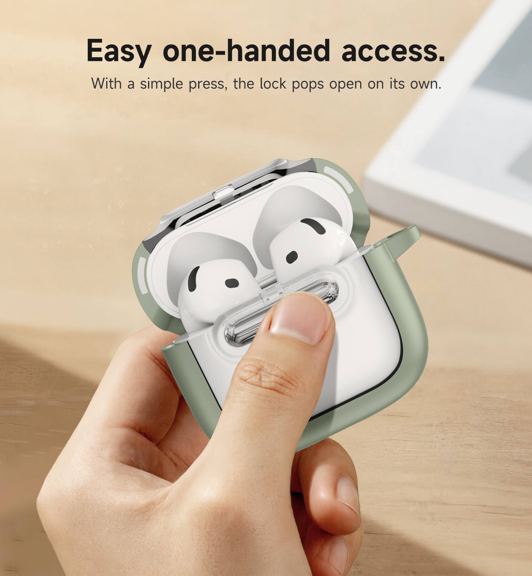Easy one-handed access.  
With a simple press, the lock pops open on its own.