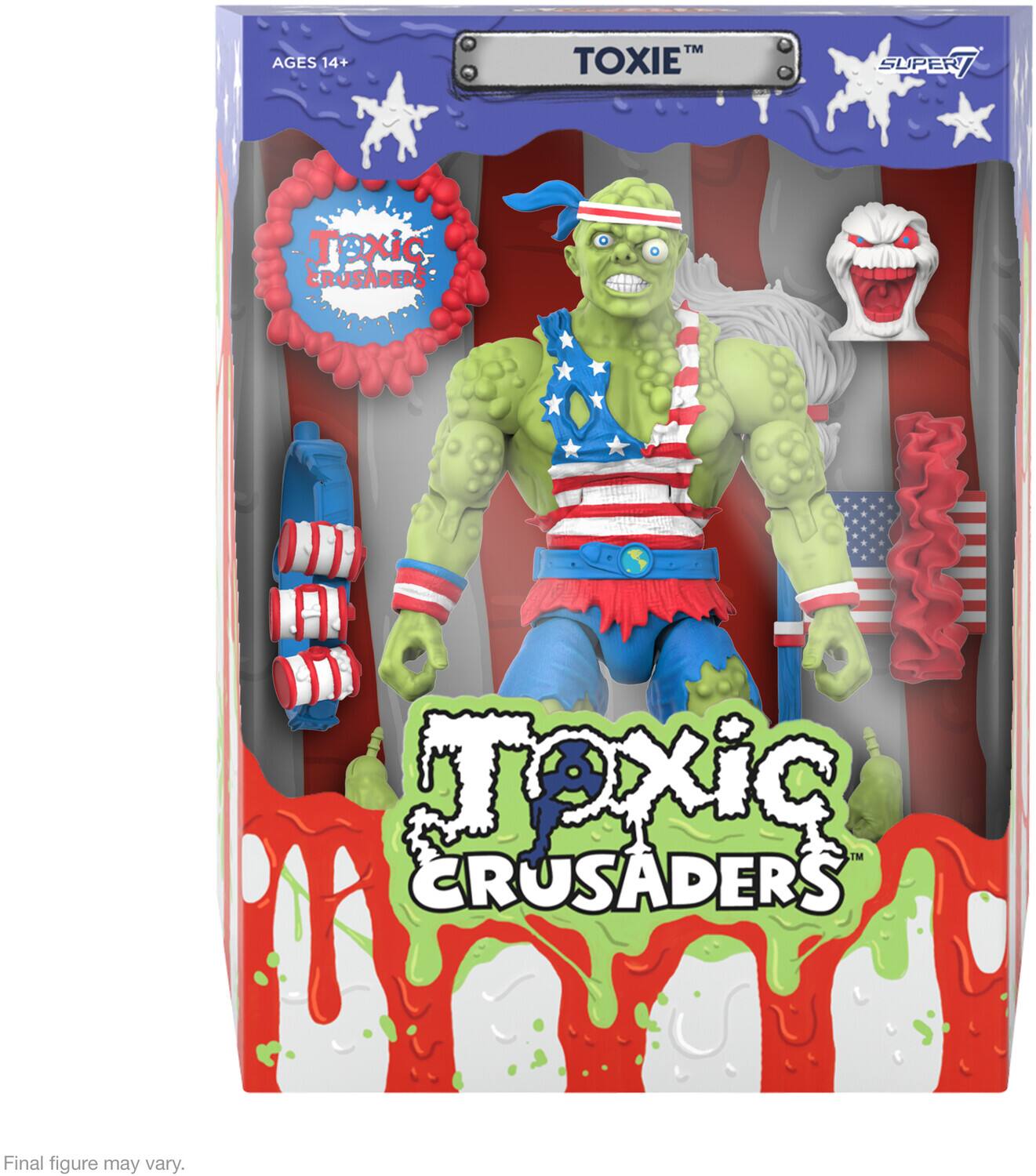 The corrected text is:

"AGES 14+ TOXIE SUPER TOXIC CRUSADERS Toxic™ Crusaders Final figure may vary."