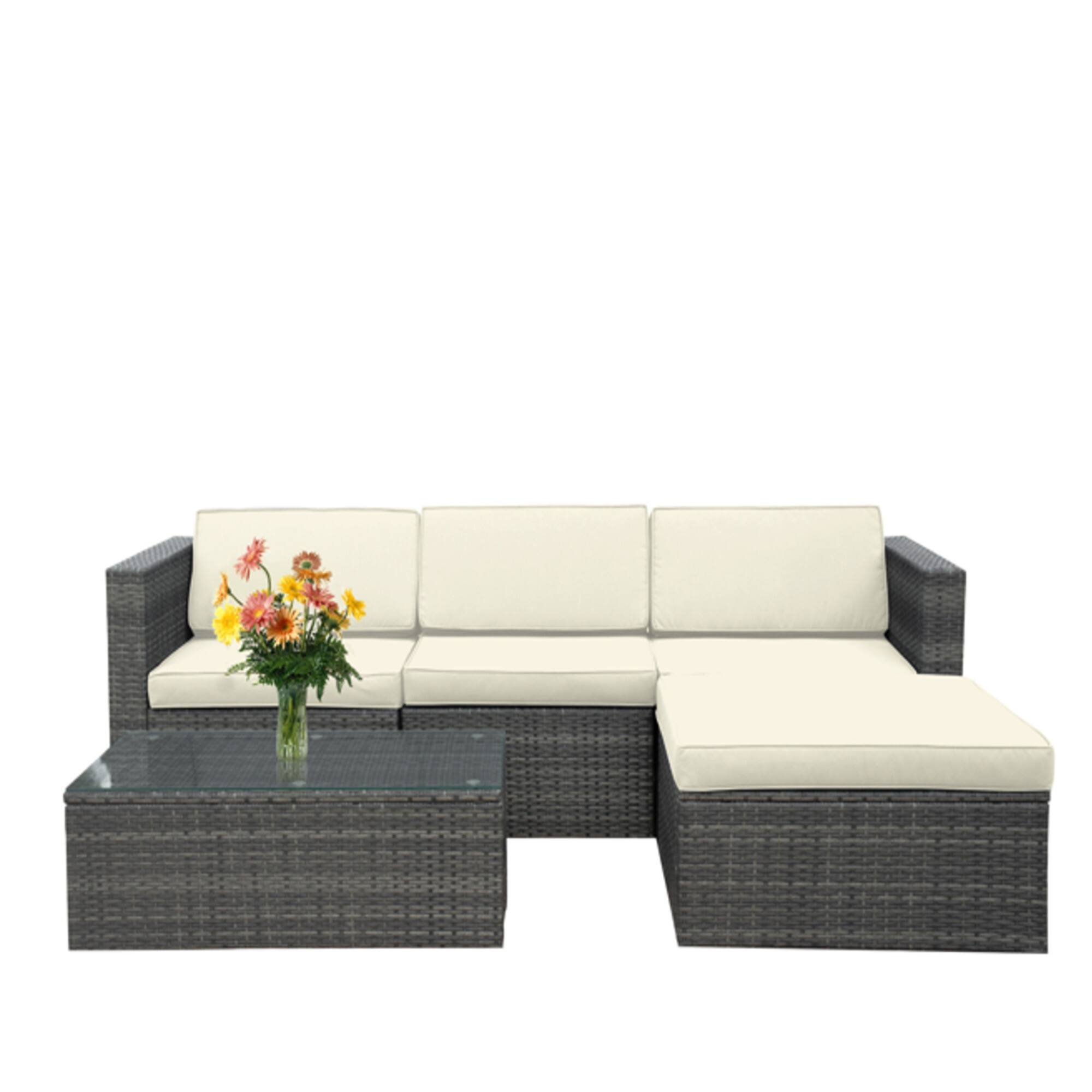 Alt View 5. Mondawe - 5-Piece All-Weather Wicker Patio Conversation Set with Cushions and Glass Table - Beige.