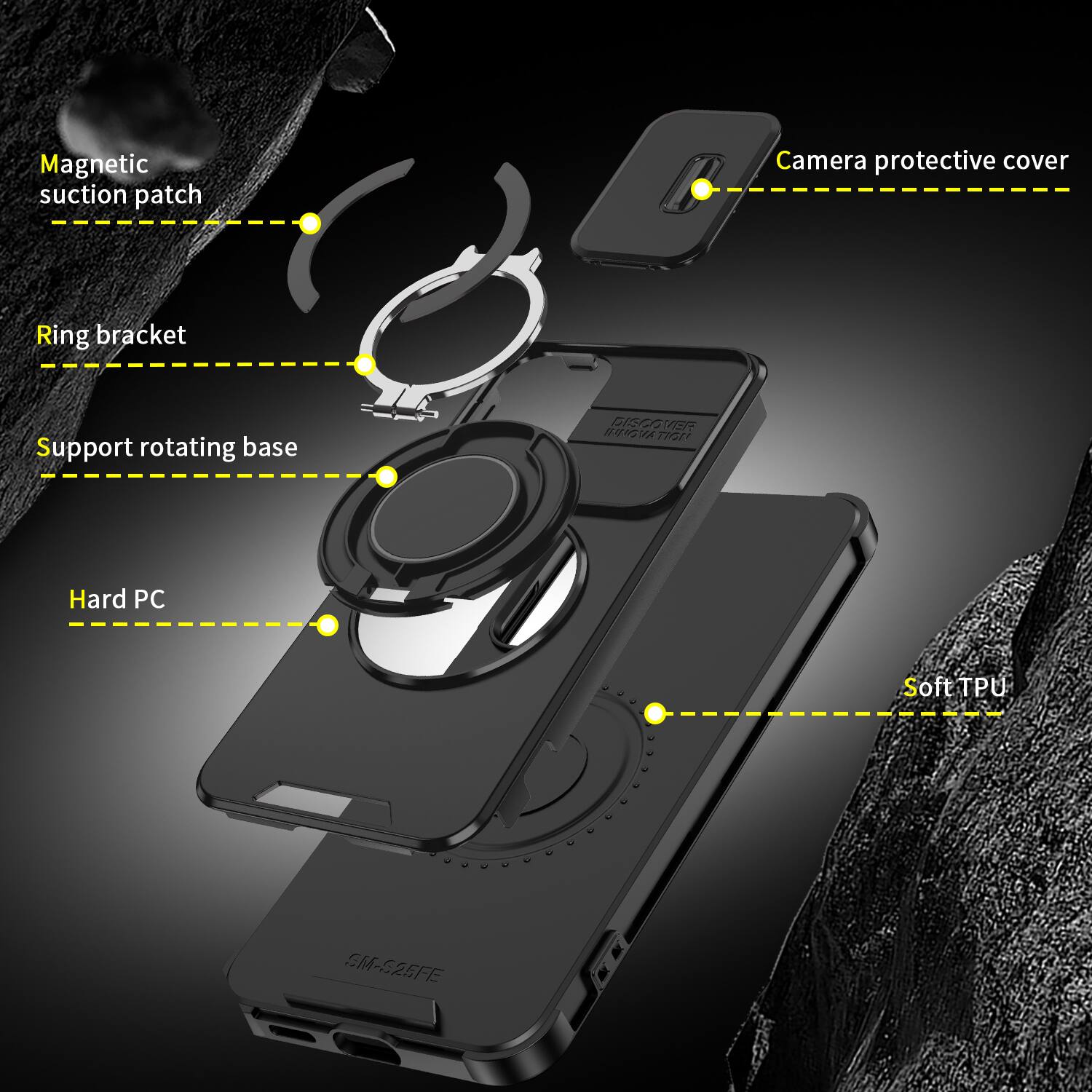 - Magnetic suction patch
- Camera protective cover
- Ring bracket
- Support rotating base
- Hard PC
- Soft TPU
- DISCOVER IA
- SM-S25FF