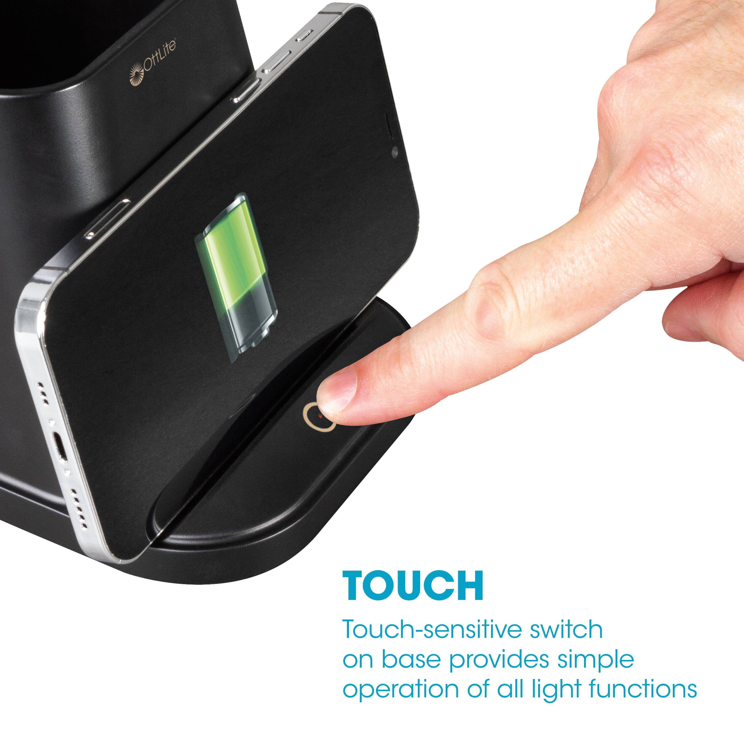 OttLite TOUCH Touch-sensitive switch on base provides simple operation of all light functions.