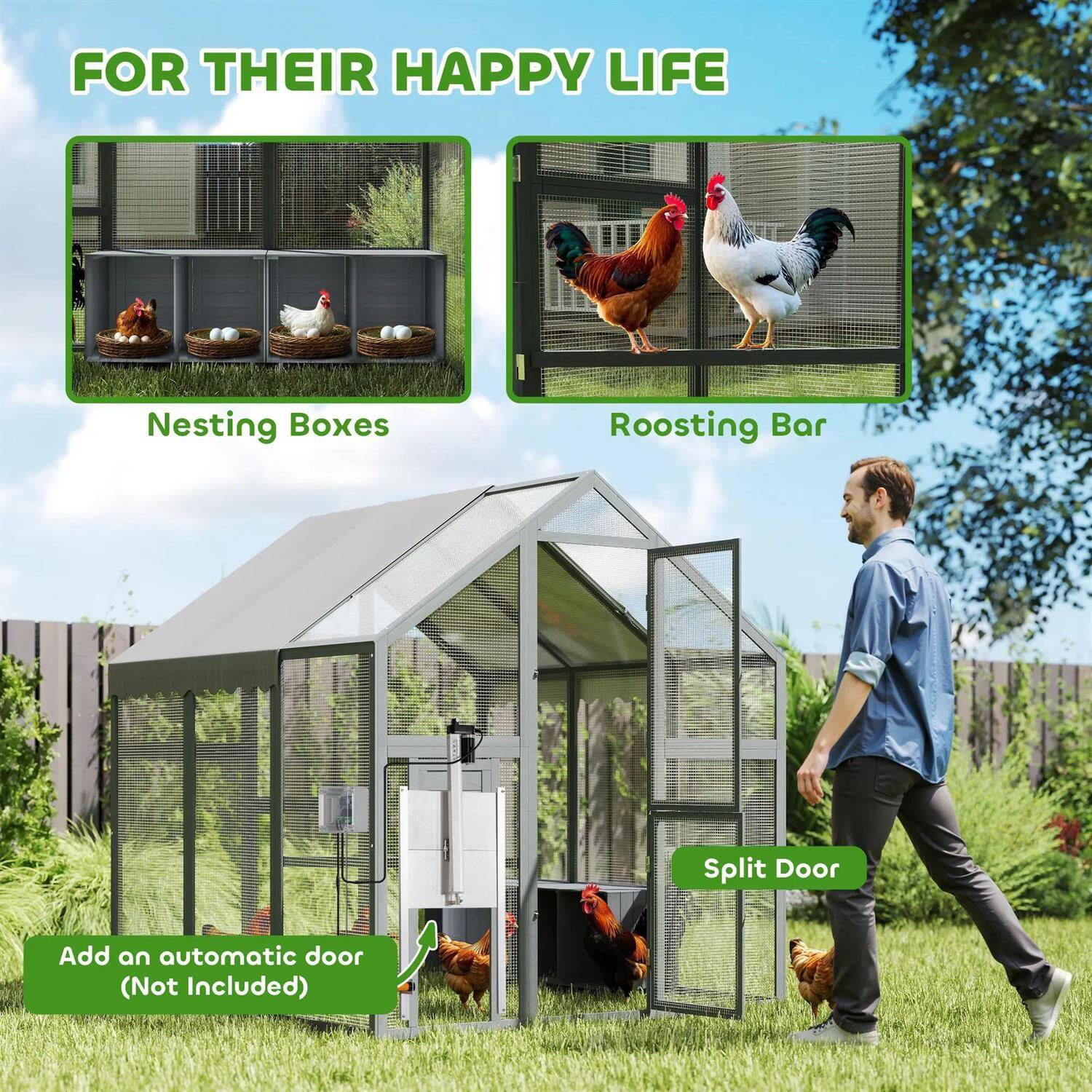 FOR THEIR HAPPY LIFE

Nesting Boxes

Roosting Bar

Split Door

Add an automatic door (Not Included)
