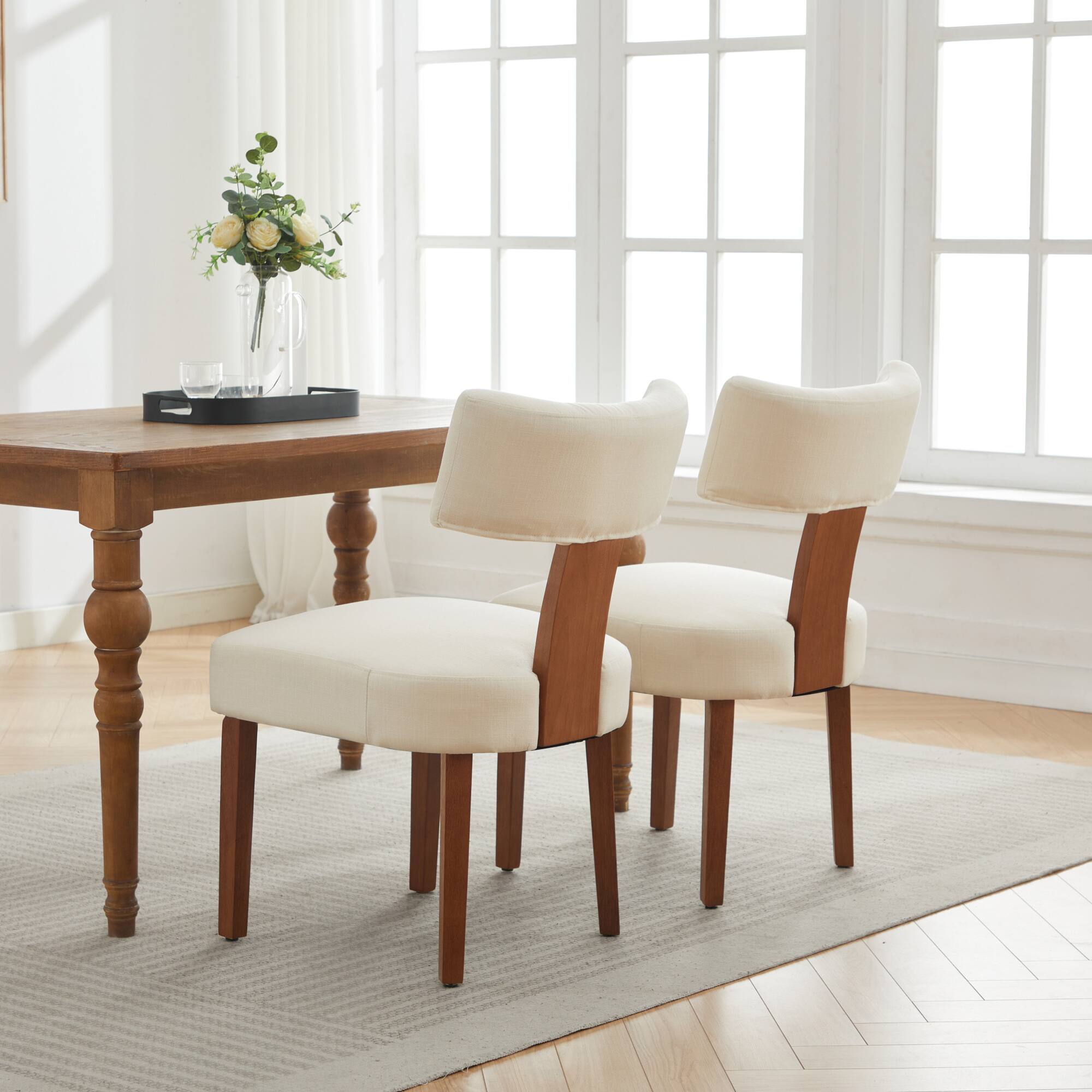 Alt View 6. GOODSILO - Set of 2 Modern Armless Dining Chairs with Curved Backrest and Solid Wooden Legs for Dining and Living Room - Beige.