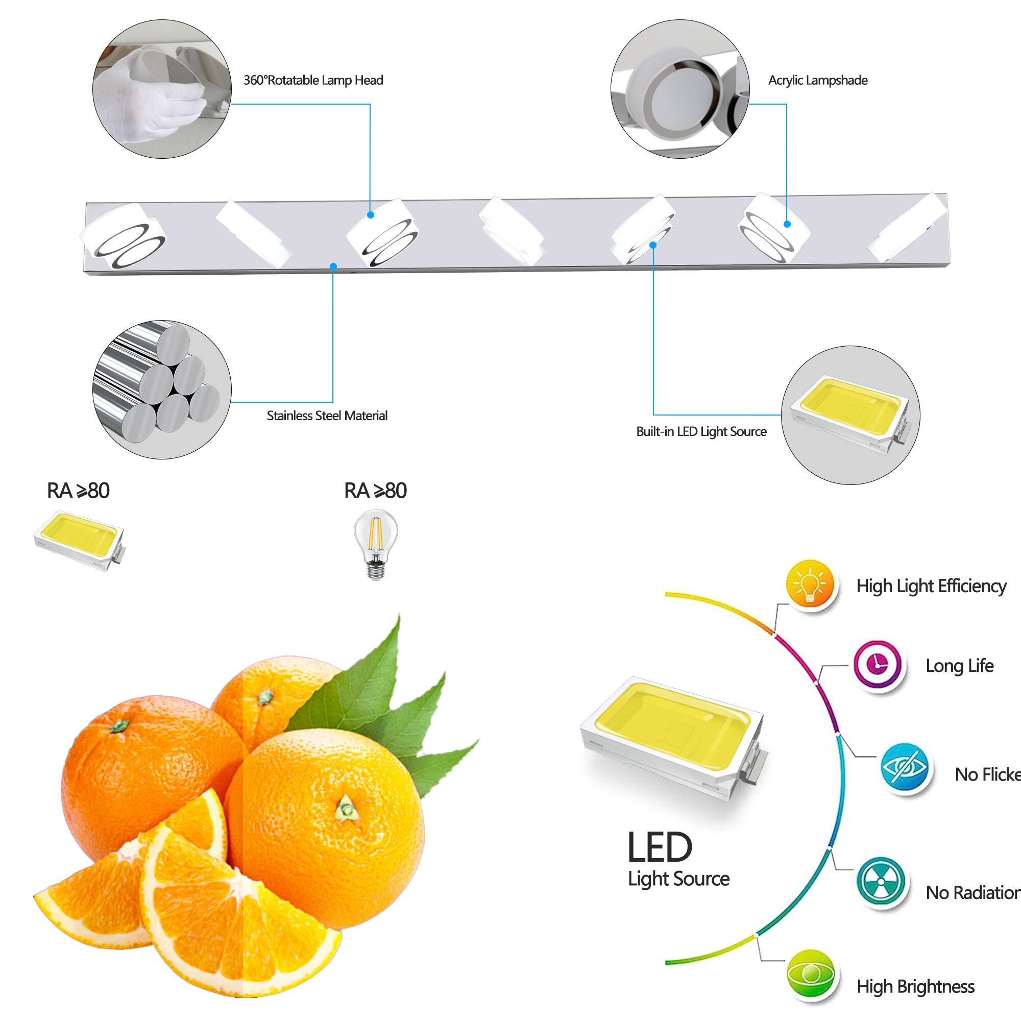 360° Rotatable Lamp Head  
Acrylic Lampshade  
Stainless Steel Material  
Built-in LED Light Source  
RA ≥ 80  
High Light Efficiency  
Long Life  
No Flicker  
No Radiation  
High Brightness