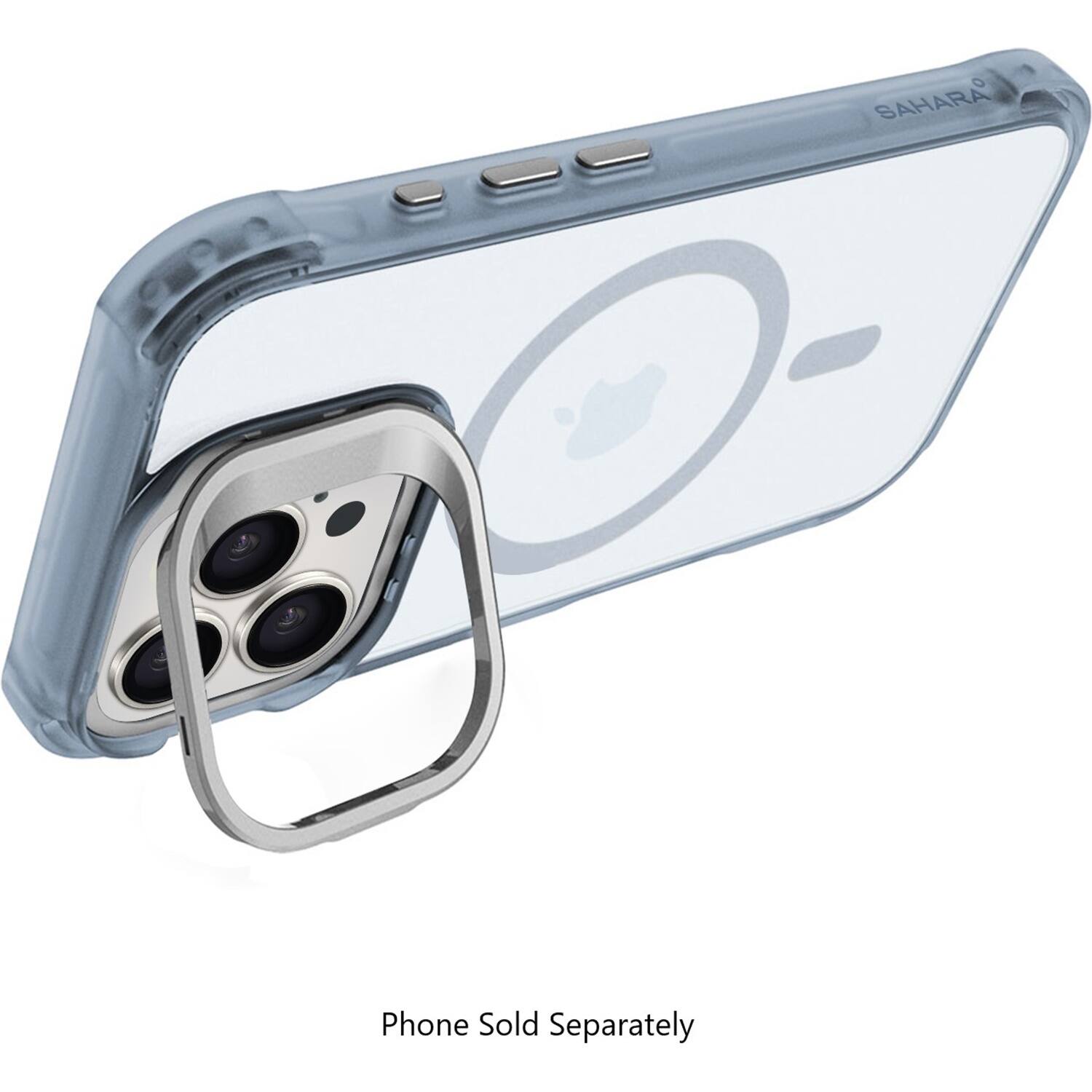 The image features a phone case with a camera lens and a logo for the brand SAHARA. The case is designed to hold a cell phone securely and protect it from damage. The case is made of a clear plastic material, allowing the phone to be visible through the case. The camera lens is positioned at the top of the case, providing a convenient way to take photos or record videos. The SAHARA logo is prominently displayed on the case, indicating the brand's association with the product.