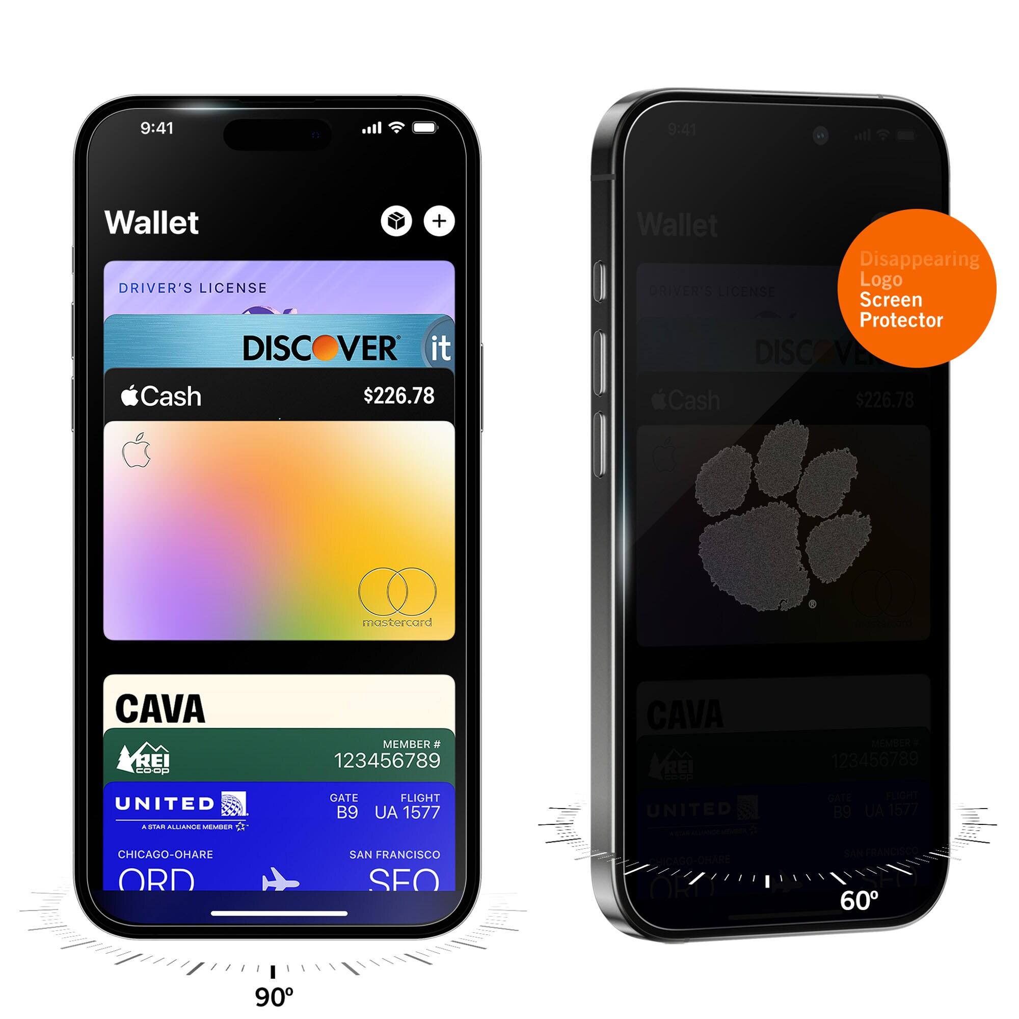 9:41  
Wallet + DRIVER'S LICENSE DISCOVER it Cash $226.78  
Wallet Disappearing Logo DRIVER'S LICENSE Screen Protector DISCOVER it Cash $226.78  
mastercard  

CAVA REI coop  
MEMBER # 123456789  
CAVA REI coop  
MEMBER 123456789  
UNITED A STAR ALLIANCE MEMBER  
GATE B9  
FLIGHT UA 1577  
UNITED  
GATE FLIGHT B9 UA 1577  
CHICAGO-OHARE ORD  
SAN FRANCISCO SFO