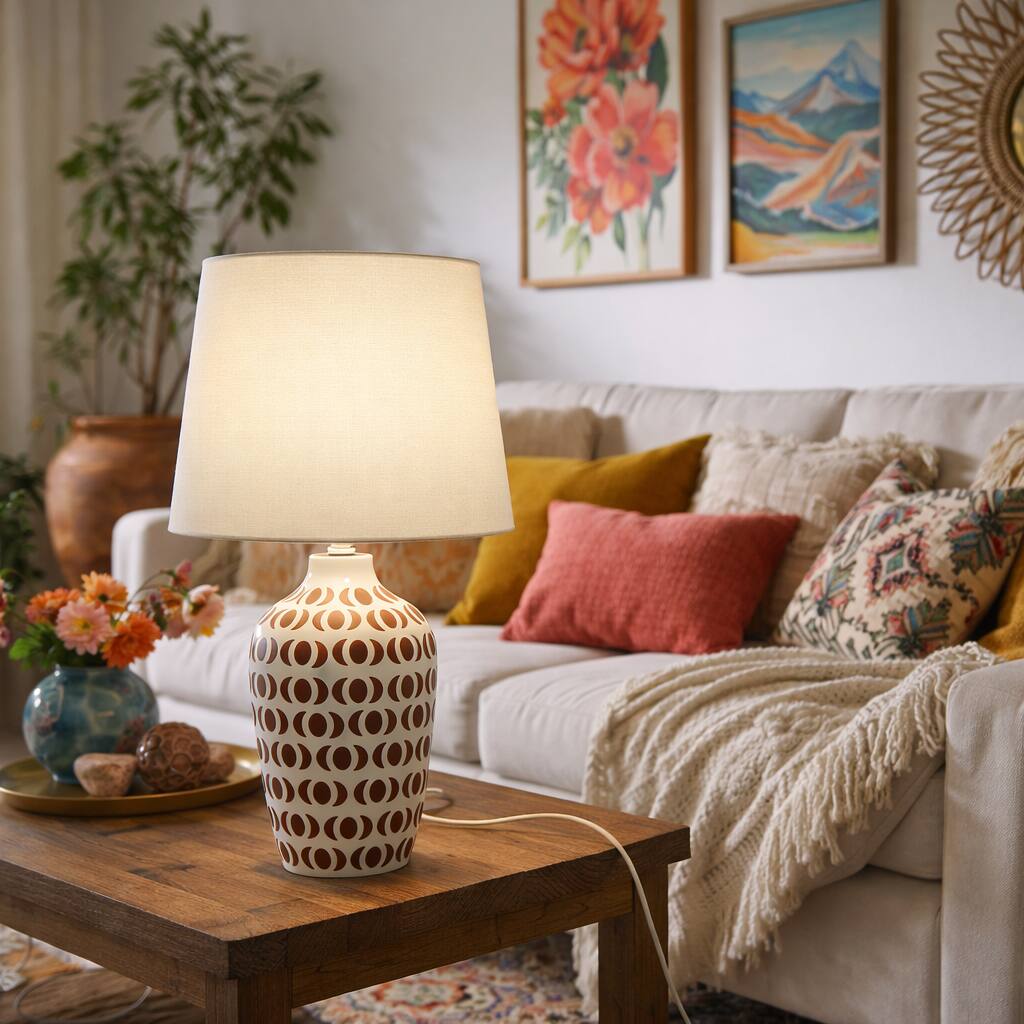 Front. FC Design - 23"H White Vase w/ Light Brown Geometric Pattern Table Lamp.