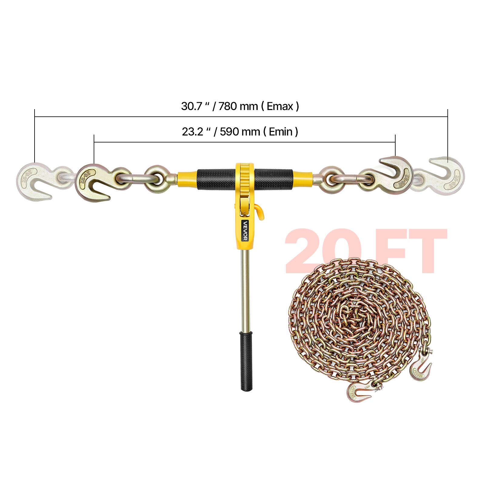 T 30.7" / 780 mm (Emax)  
I 23.2" / 590 mm (Emin)  
VEVOR 20 FT