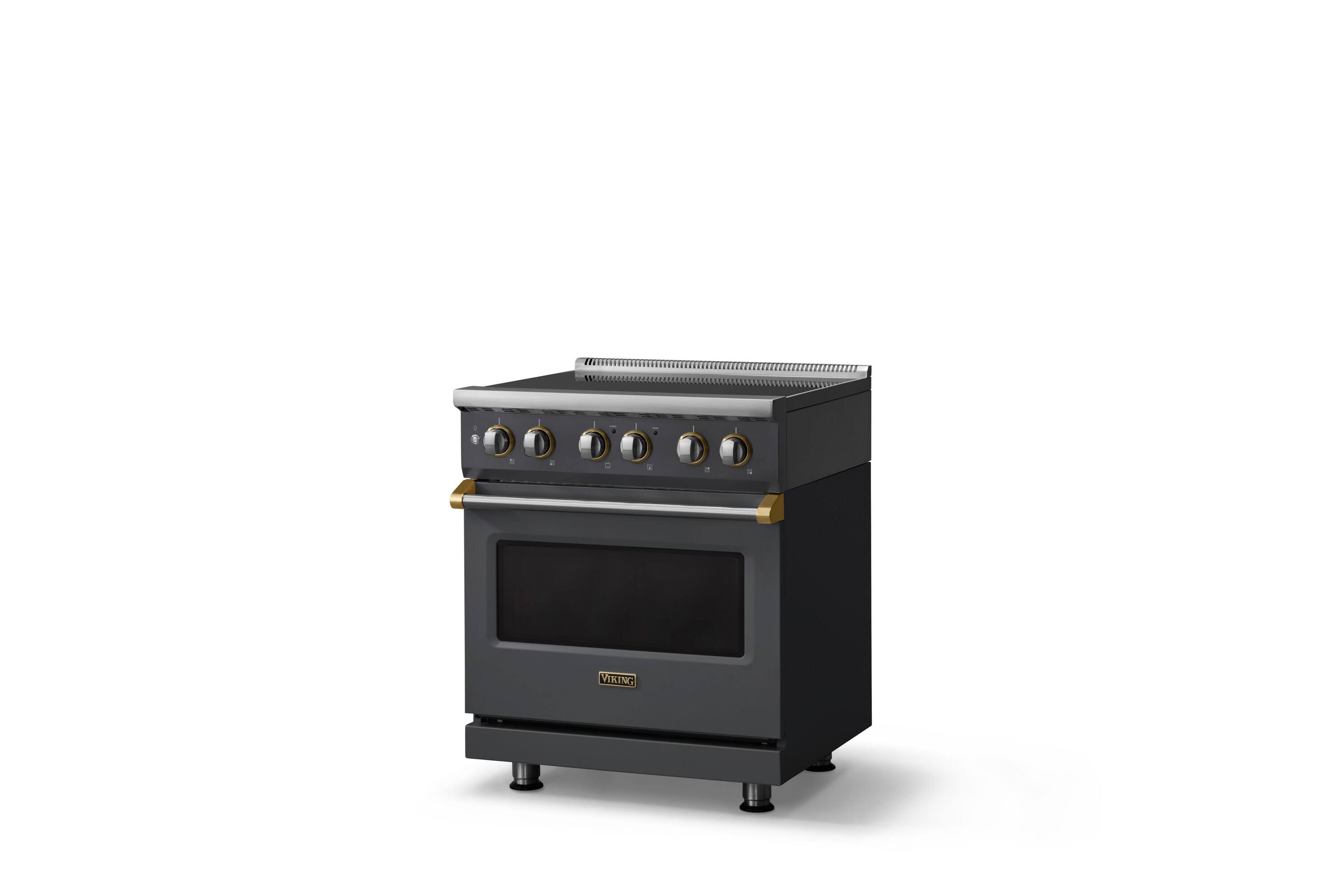Angle. Viking - 30 in. Wide 4 Elements Pro 5 Series 4.7 Cu. Ft. Freestanding Induction Convection Range - Cast Black w. Brushed Brass - Cast Black.