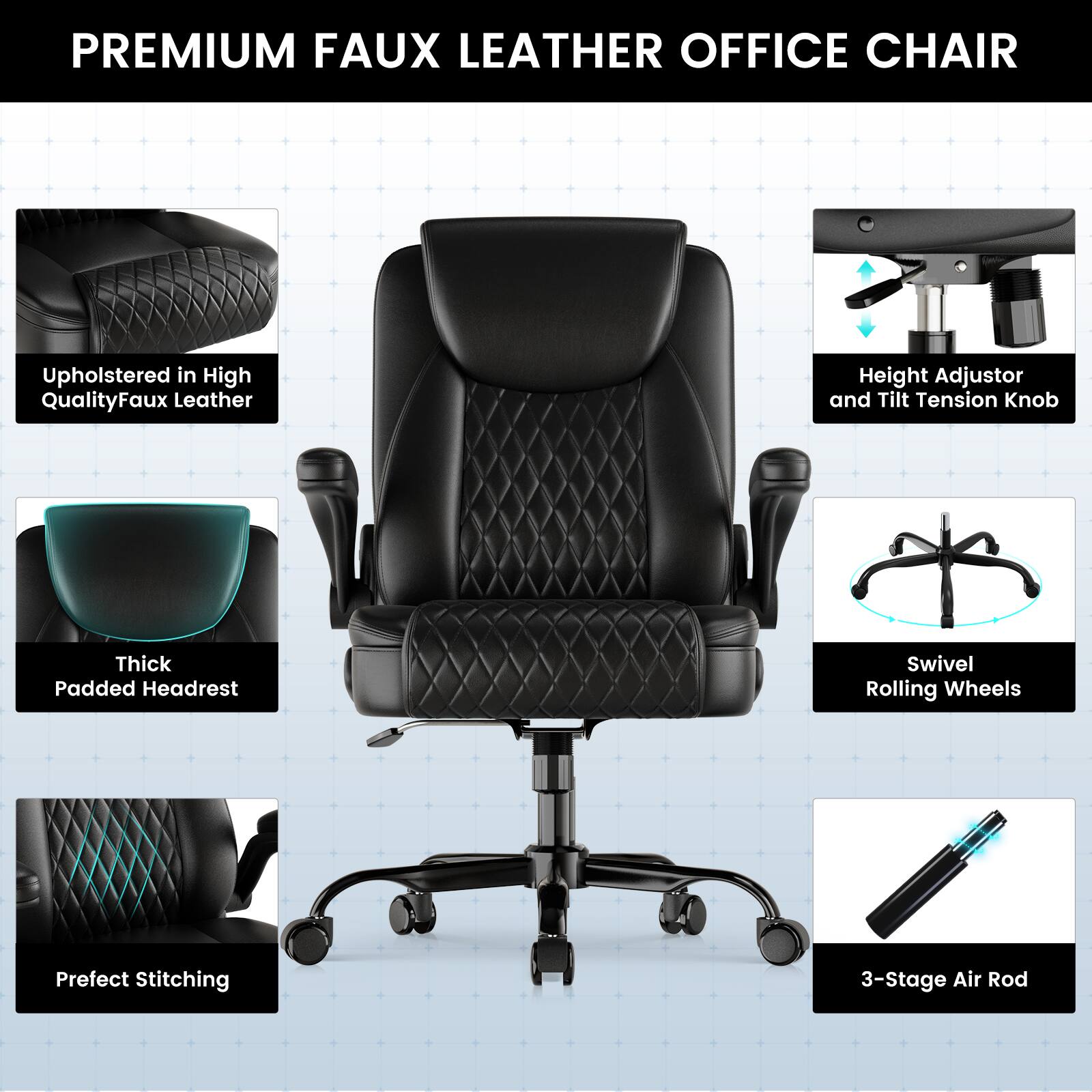 PREMIUM FAUX LEATHER OFFICE CHAIR

- Upholstered in High Quality Faux Leather
- Height Adjustor and Tilt Tension Knob
- Thick Padded Headrest
- Swivel Rolling Wheels
- Perfect Stitching
- 3-Stage Air Rod