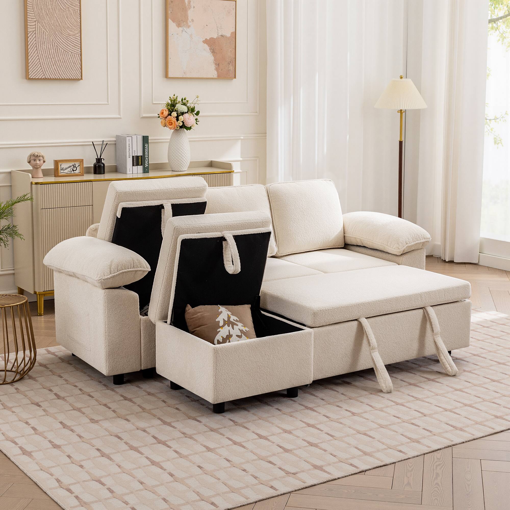 Alt View 4. KERDOM - Oversized Pullout Sofa Couch with Storage Ottoman, Side Pocket, Washable Covers, Sectional Sofa Bed Free Combination - White-C.