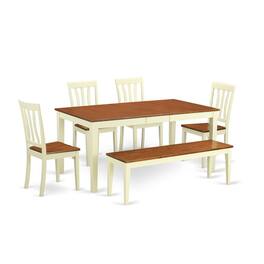 East West Furniture - 6-Pc Table and chair set - Kitchen Table and 4 Dining Chairs together with Bench - Buttermilk & Cherry