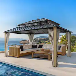 SUNJOY - Kingston 16x12 ft Extra Tall Steel Hardtop Gazebo, Cedar Wood Posts with Curtain & Netting