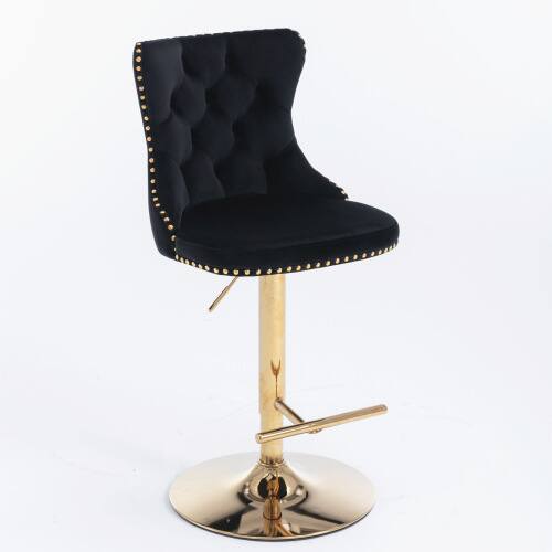 Angle. LUCKY ONE - Assembled Adjustable Height Swivel Bar Stool Set of 2 Velvet Tufted with Golden Metal Base - Black.