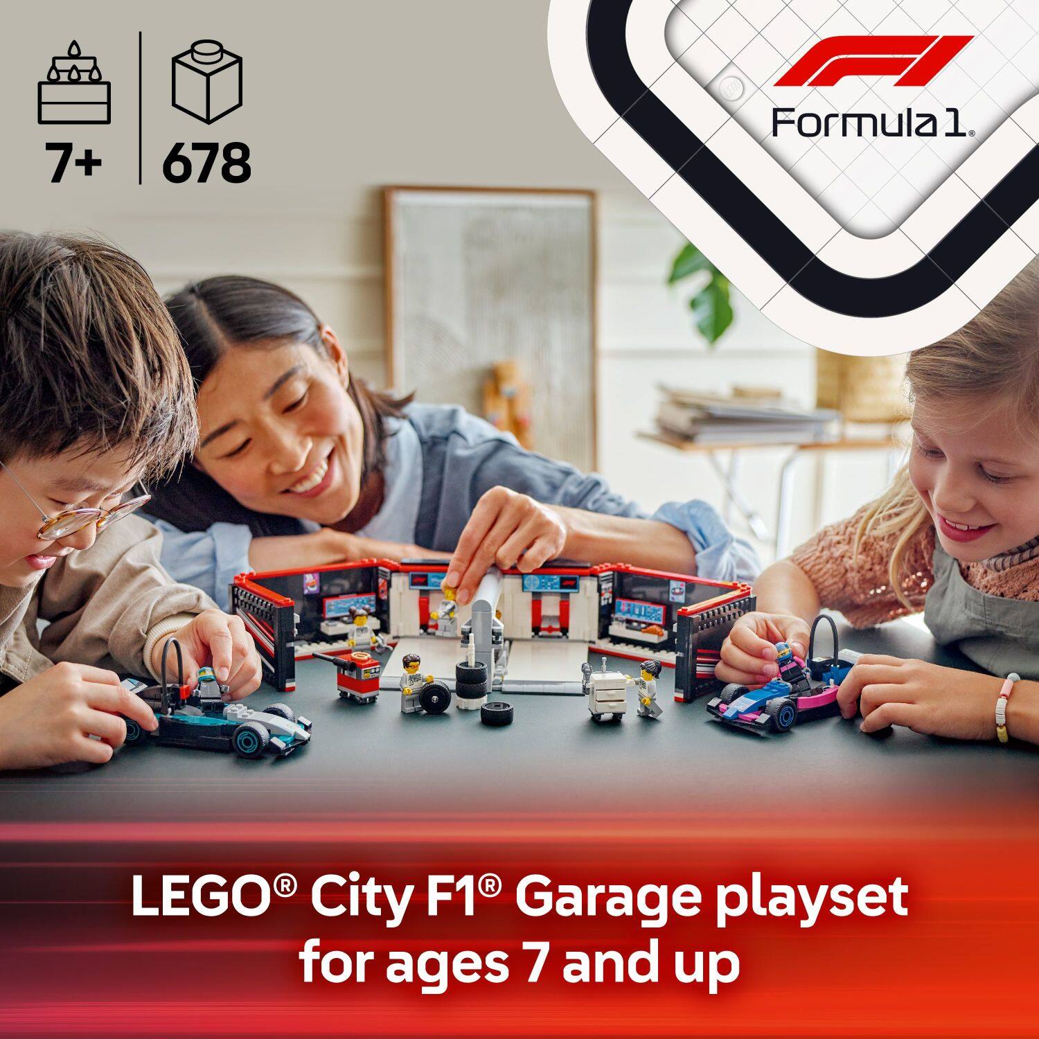 7+ 678 Formula 1. LEGO City F1 Garage playset for ages 7 and up.