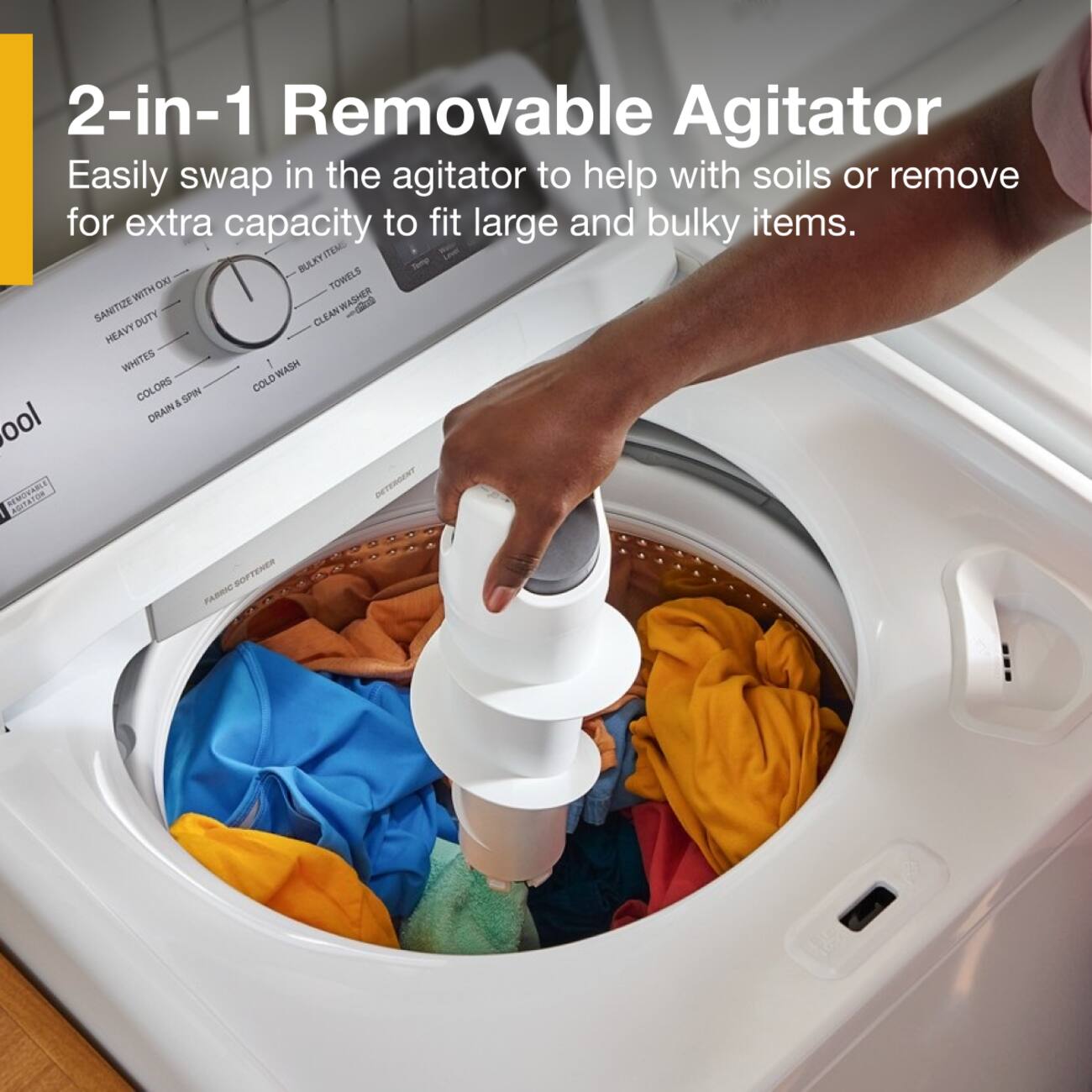 2-in-1 Removable Agitator  
Easily swap in the agitator to help with soils or remove for extra capacity to fit large and bulky items.  

ITEM BULKY CIEI TOWELS WITH WASHER SANITIZE DUTY CLEAN HEAVY WHITES 1 WASH COLORS COLD a SPIN DRAIN ool NEMUERRLS DETERGENT BOFTENER FABRIC
