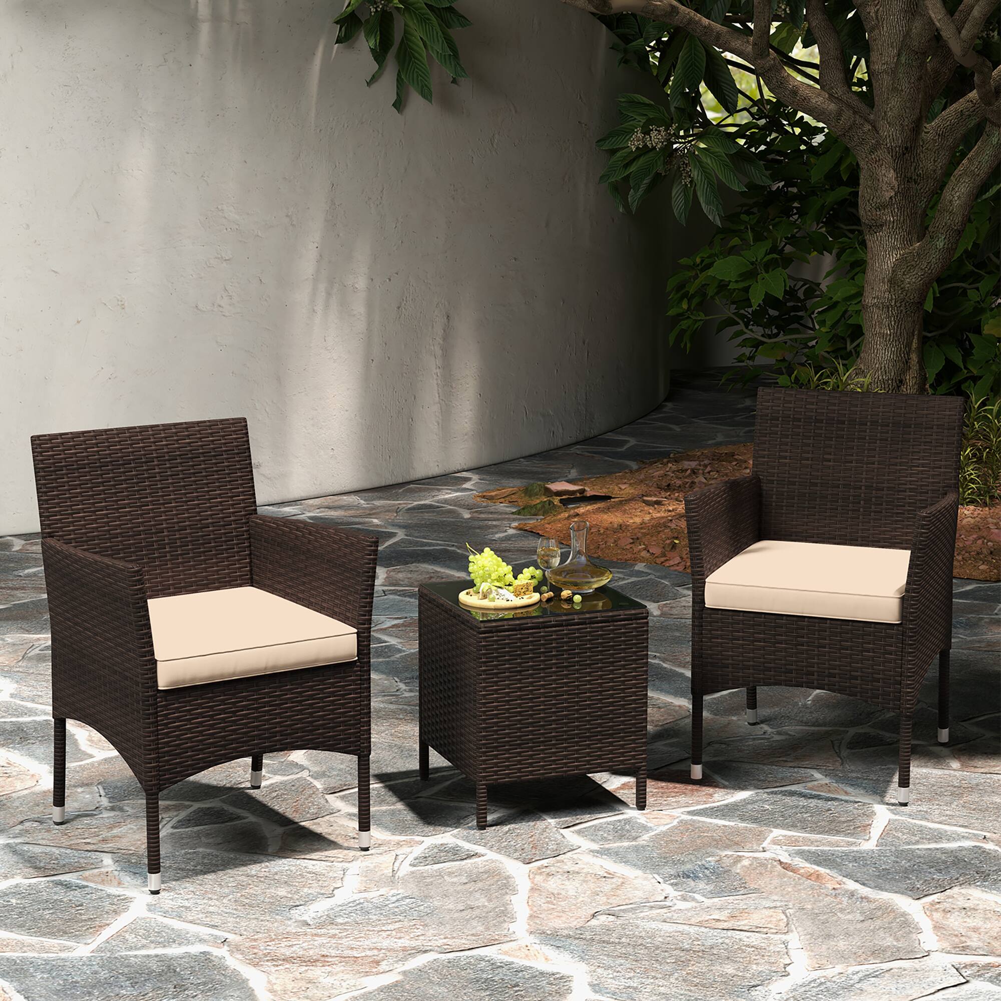 Alt View 3. Gymax - Gymax 3 PCS Outdoor Conversation Set w/ Cushioned Seat & Tempered Glass Tabletop - Mix Brown.