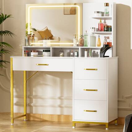 Front. CloudRest Pro - Vanity Desk with Mirror and Lights, Makeup Vanity Table with 4 Drawers & Storage Shelves - White.