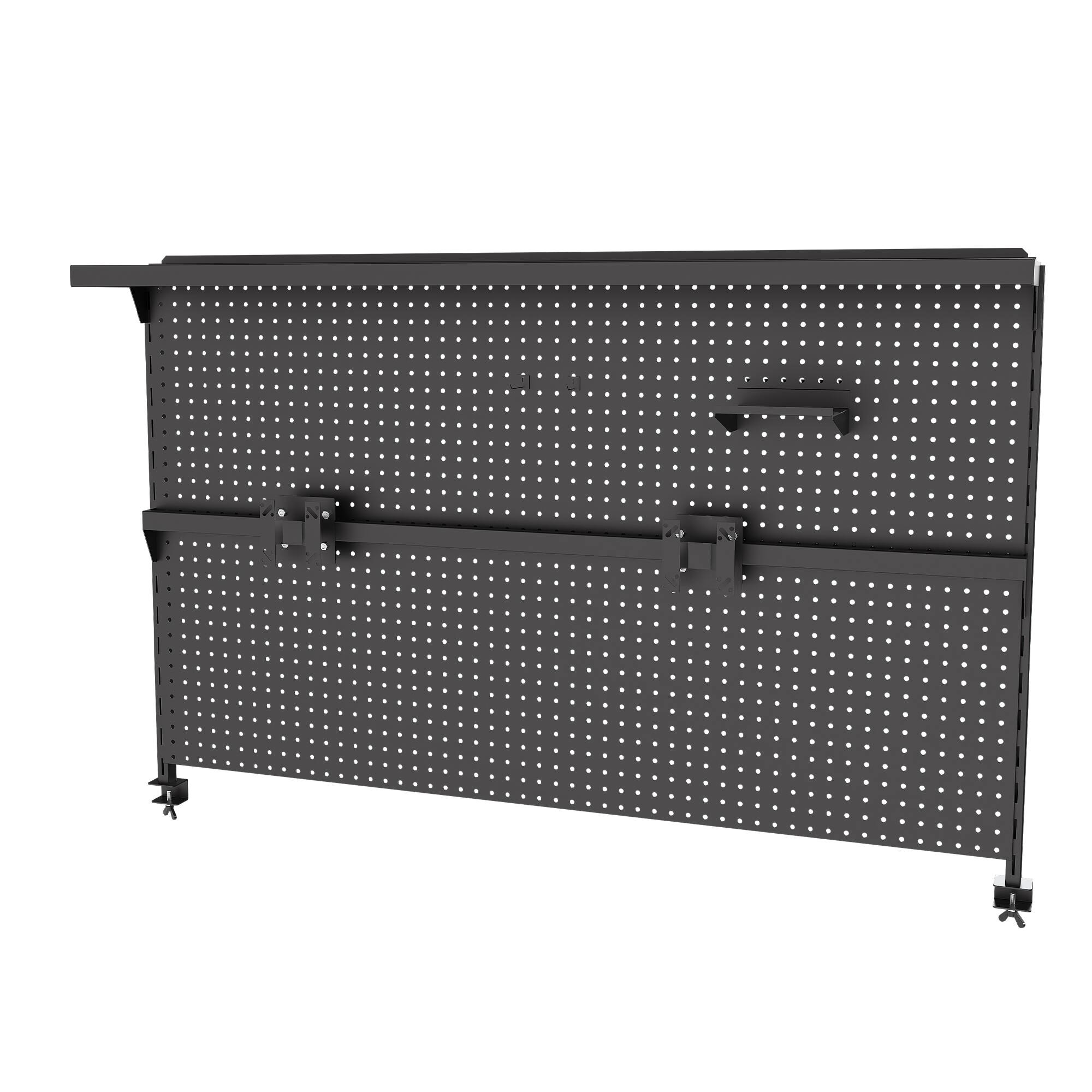 Back. PexFix - Dual Monitor Stand with Privacy Panel, 59" Metal Pegboard Desk Organizer for Gaming & Office Setup - Black.