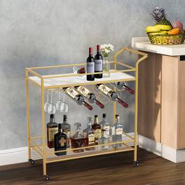 U-HOMY - Modern Bar Cart with Wheels, Hollow-Base Rolling Liquor Cart with Wine Rack & Glass Holder, 31.5" Wide - Gold