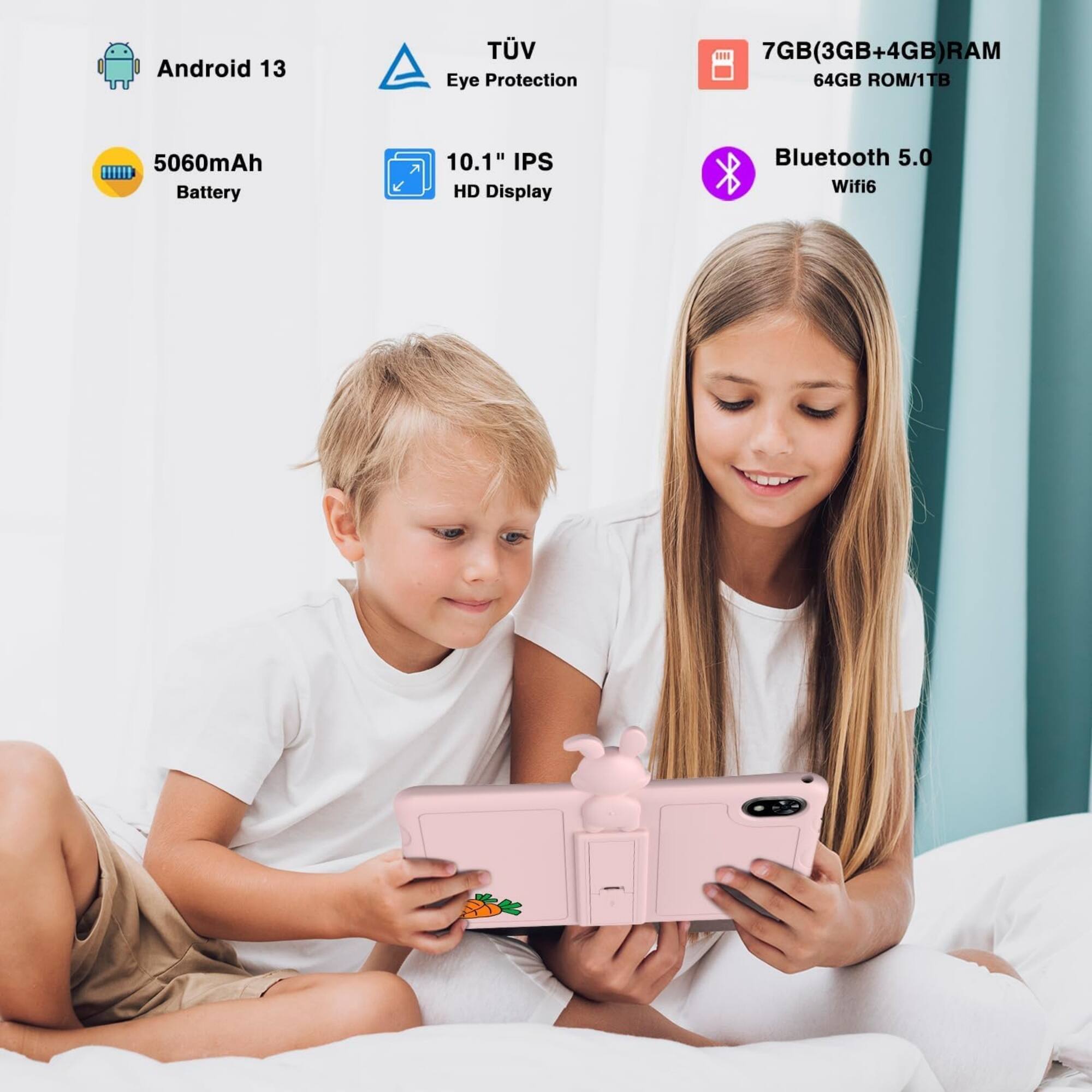 Android 13  
TV Eye Protection  
7GB (3GB+4GB) RAM  
64GB ROM/1TB  
5060mAh Battery  
10.1" IPS HD Display  
Bluetooth 5.0  
Wifi6