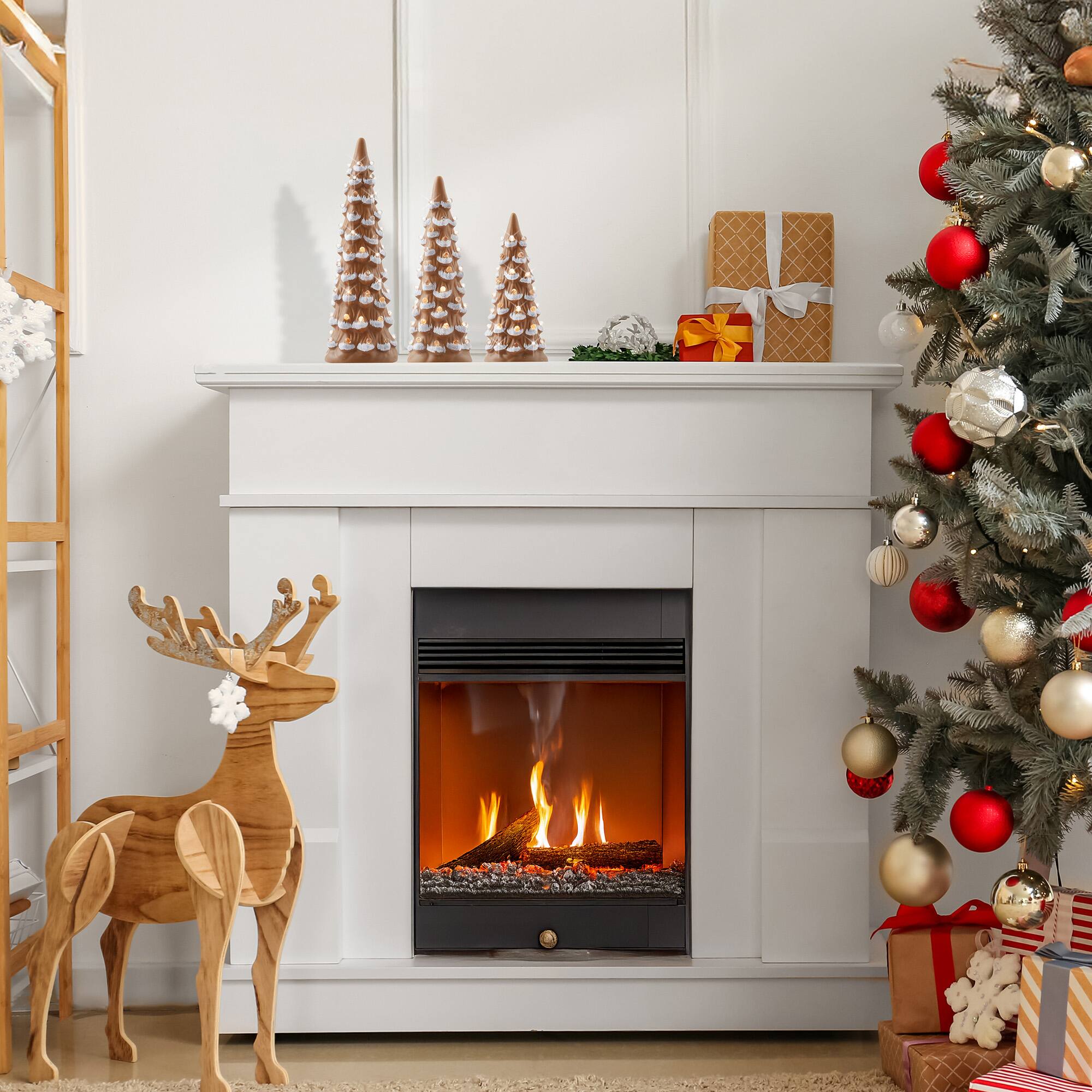 Alt View 1. Casafield - 3PC Set 8/10/12-in Pre-Lit Ceramic Christmas Trees with Lights - Brown.
