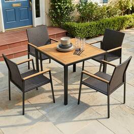 Nuu Garden - 5PCS Acacia Wood Wicker Patio Dining Set with Umbrella Hole - Black and Brown