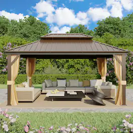 U-HOMY - Outdoor Hardtop Gazebo with Galvanized Steel Double Roof, Aluminum Frame, Curtains and Netting - 12' x 16'