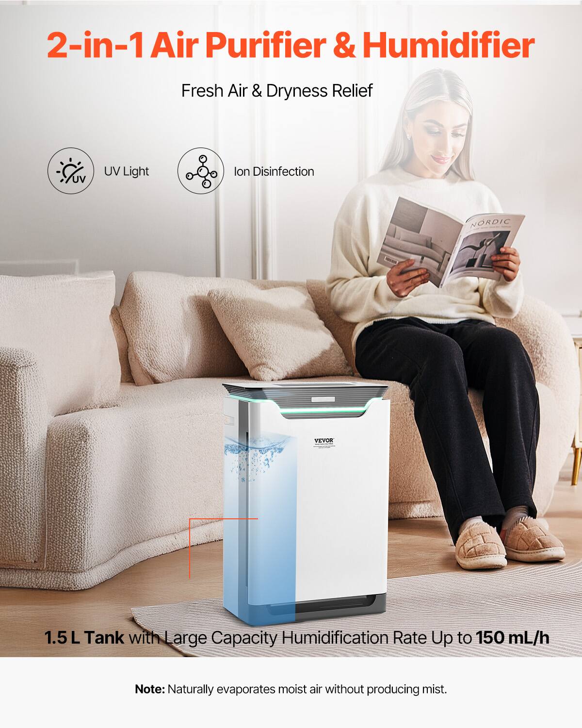 2-in-1 Air Purifier & Humidifier  
Fresh Air & Dryness Relief  

UV Light  
Ion Disinfection  

1.5 L Tank with Large Capacity  
Humidification Rate Up to 150 mL/h  

Note: Naturally evaporates moist air without producing mist.
