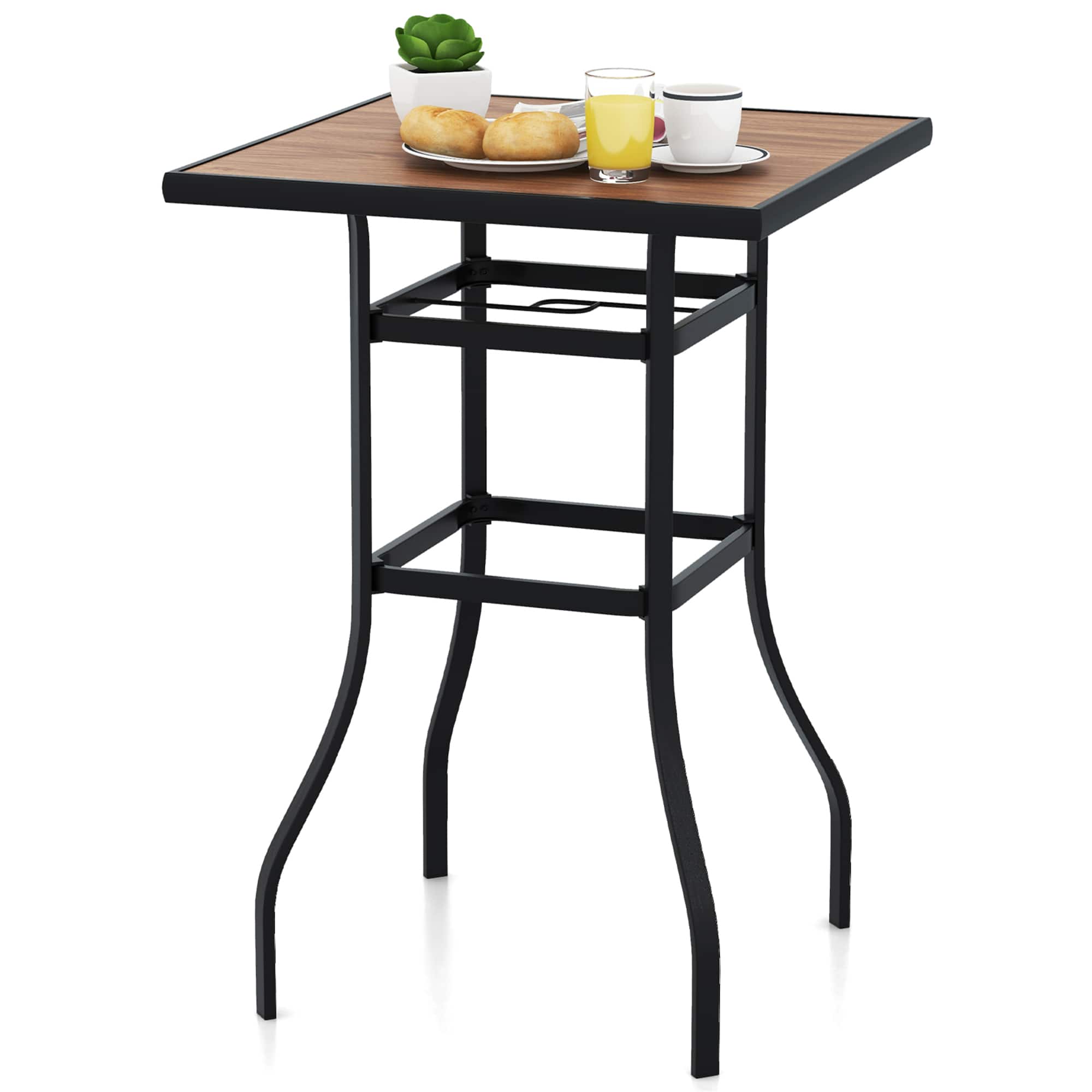 Gymax - 27.5 Inches Patio Bar Table 1.5'' Umbrella Hole Metal Frame for Garden Outdoor - Black, Natural