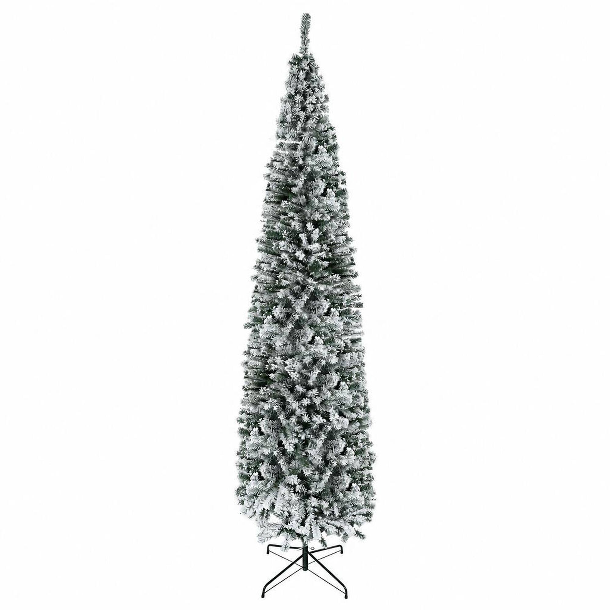 Front. RYHNUYNE - 9 Ft Unlit Snow Flocked Slim Artificial Christmas Tree With 1014 Tips, Metal Stand Narrow Holiday Home Decor - Green.