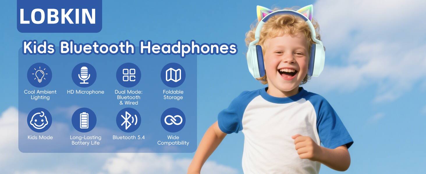 LOBKIN Kids Bluetooth Headphones Cool Ambient Lighting HD Microphone Dual Mode: Bluetooth & Wired Foldable Storage Kids Mode Long-Lasting Bluetooth 5.4 Battery Life Wide Compatibility