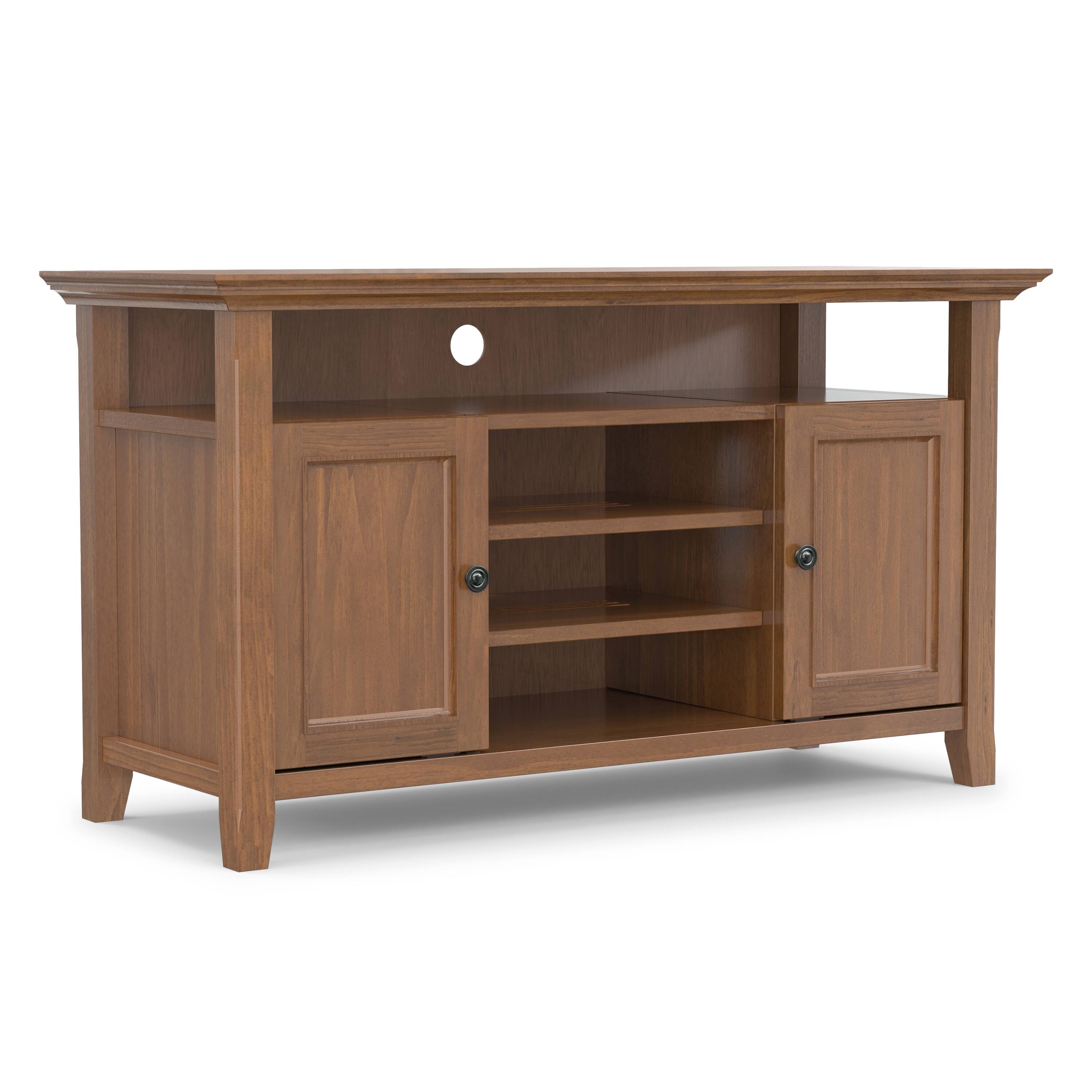 Angle. Simpli Home - Amherst 54W TV Stand with Drawers, Doors and Open Top Shelf - Medium Saddle Brown.