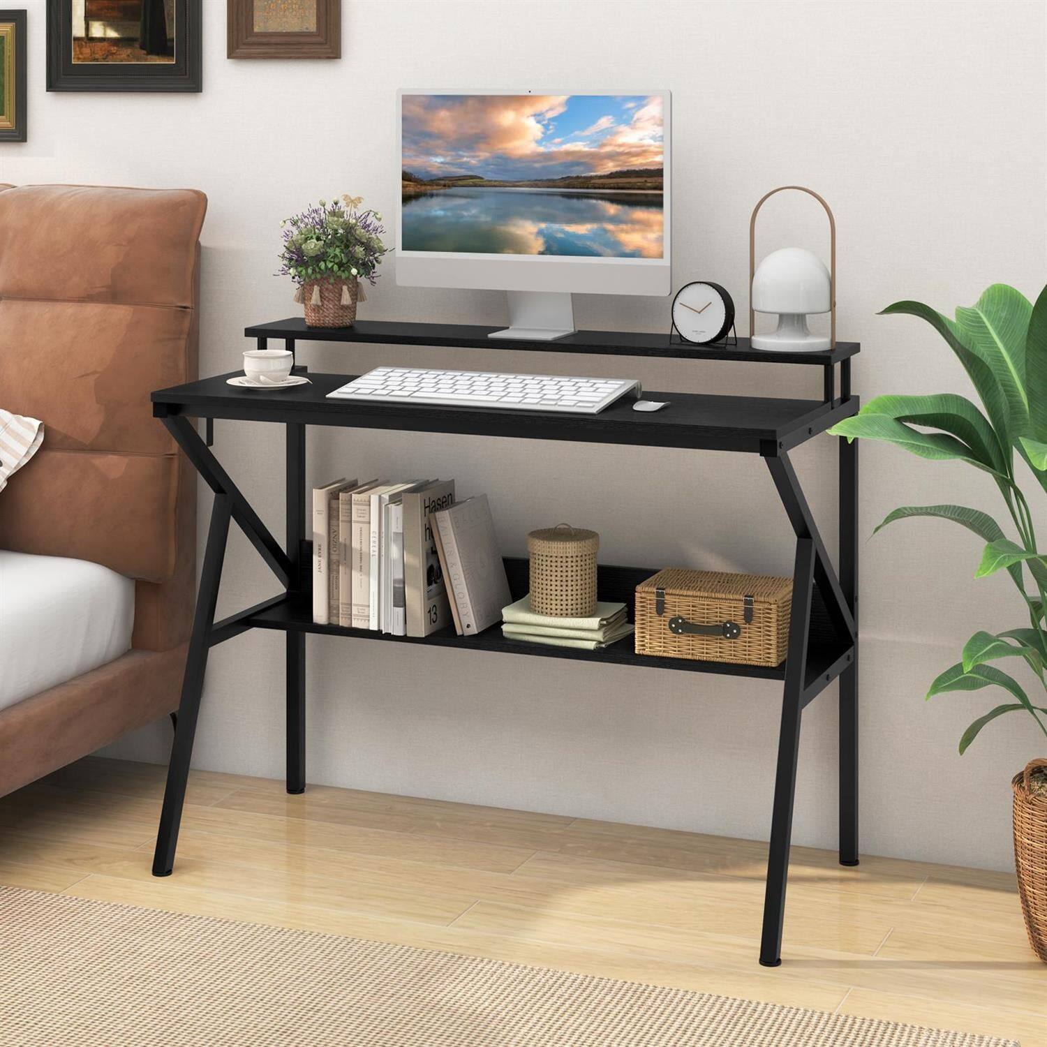 Angle. Pefilos - Space-Saving Computer Desk - Anti-Falling Backboard Removable Hook, Monitor Stand Extra Storage Shelf, Work Study, Black - Black.