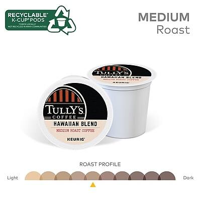 RECYCLABLE K-CUP PODS  
NOT RECYCLED IN ALL COMMUNITIES  

MEDIUM Roast  

TULLY'S COFFEE  
HAWAIIAN BLEND  
MEDIUM ROAST COFFEE  
KEURIG  

ROAST PROFILE  
Light  
Dark