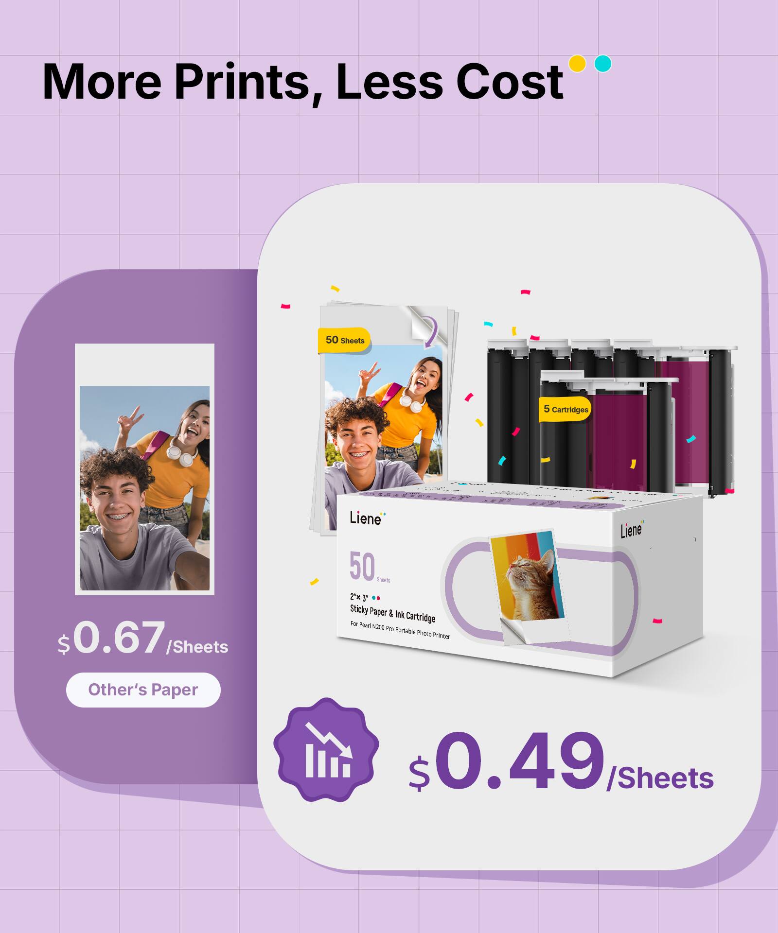 More Prints, Less Cost  
50 Sheets  
5 Cartridges  
$0.67 / Sheets  
Liene 50 Trans Tx  
Sticky Paper & Ink Cartridge  
200 i Portable Photo Printer  
Liene  
Other's Paper $0.49 / Sheets