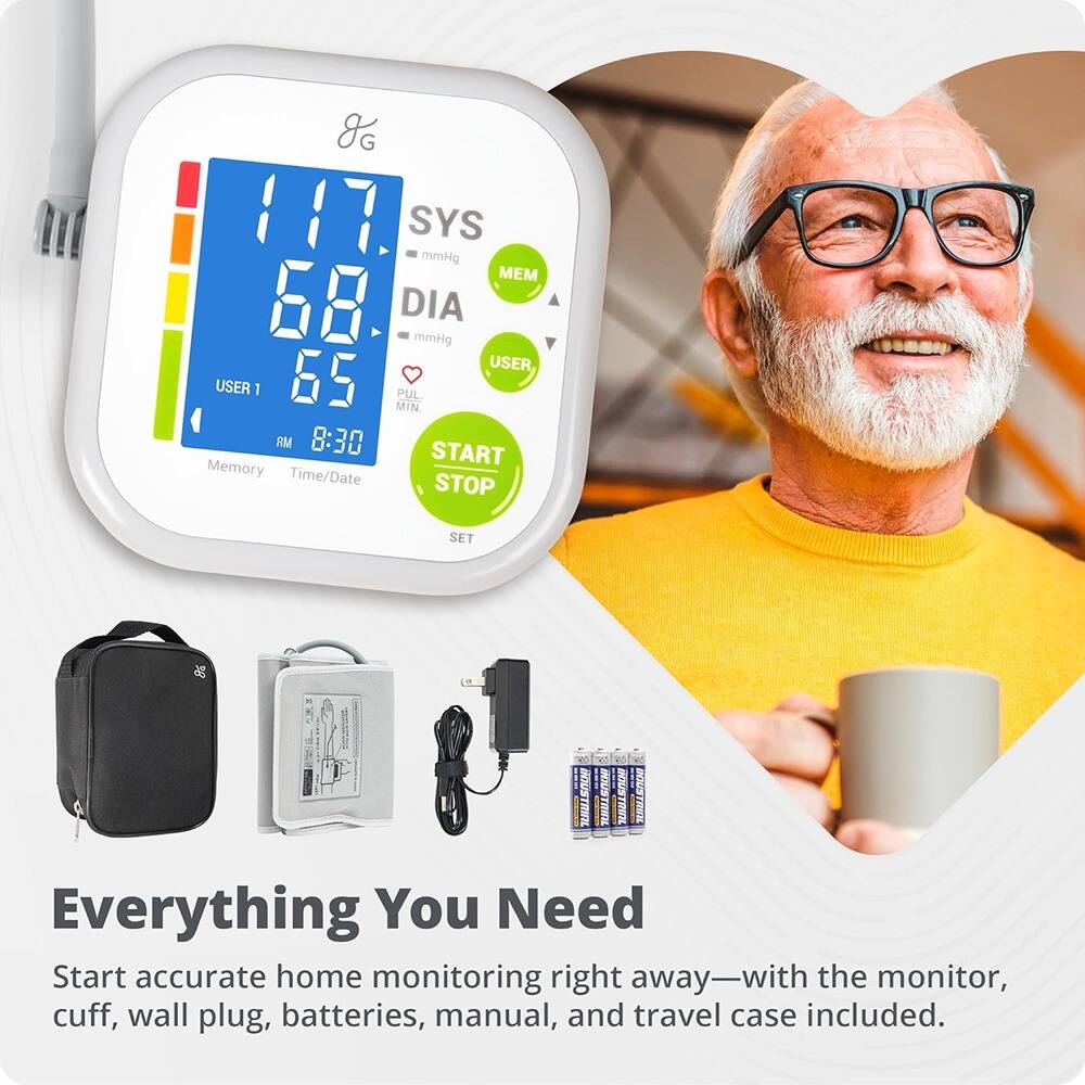 Sure, here is the corrected and grouped text:

---

**117 SYS mmHg**  
**68 DIA mmHg**  
**USER 1**  
**65 PULS**  
**8:30 AM**  
**Memory**  
**Time/Date**  
**START STOP**  
**SET**  

**Everything You Need**  
Start accurate home monitoring right away—with the monitor, cuff, wall plug, batteries, manual, and travel case included.

---