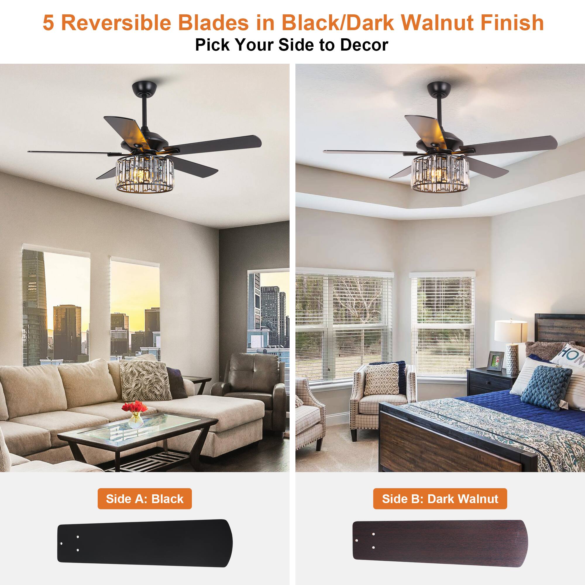 5 Reversible Blades in Black/Dark Walnut Finish  
Pick Your Side to Decor  

Side A: Black  
Side B: Dark Walnut