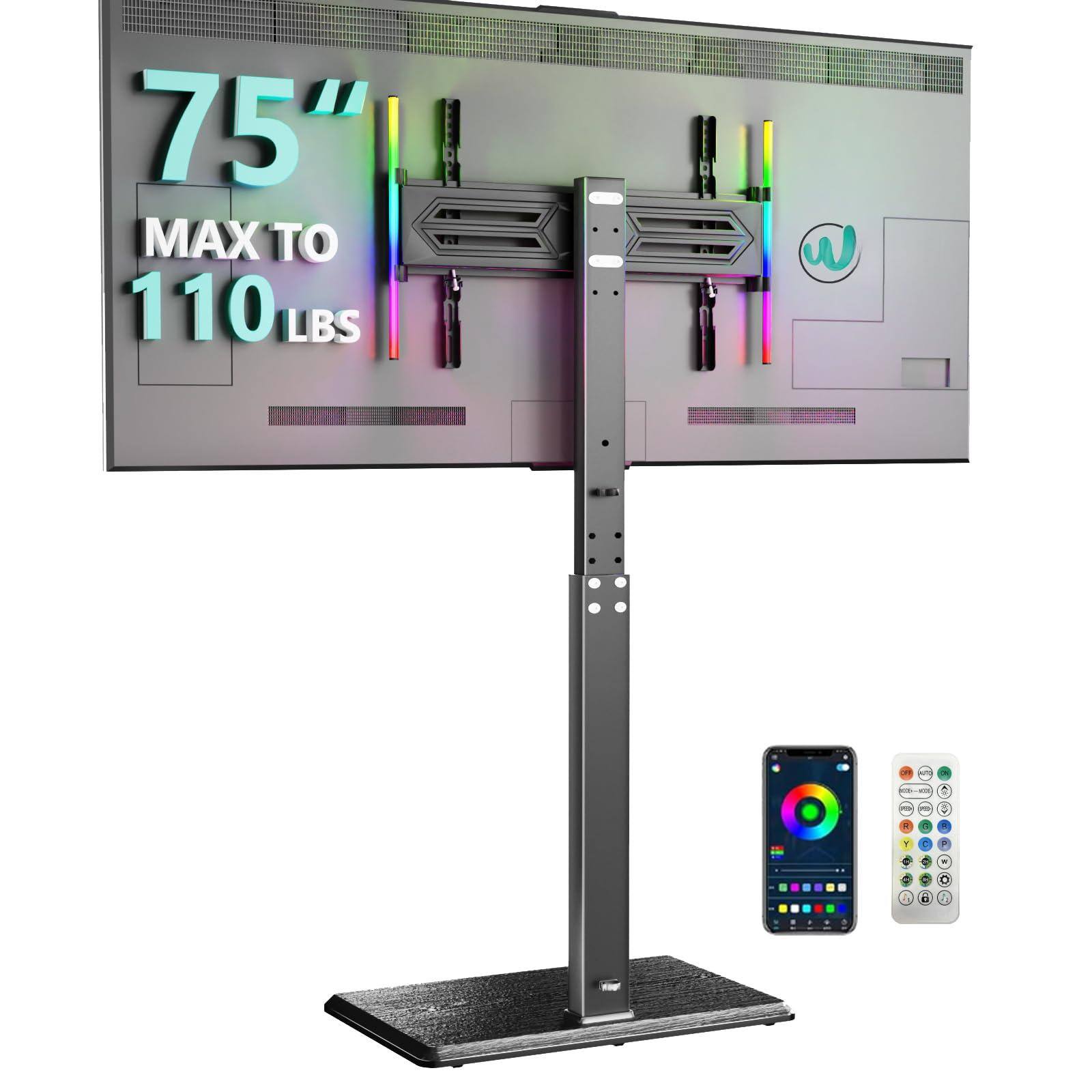 Hanke - Floor Tv Stand With Power Outlet Tall Mount For 32- Up To Swivel And Height Adjustable Stands Wood Base Bed - Black With Light