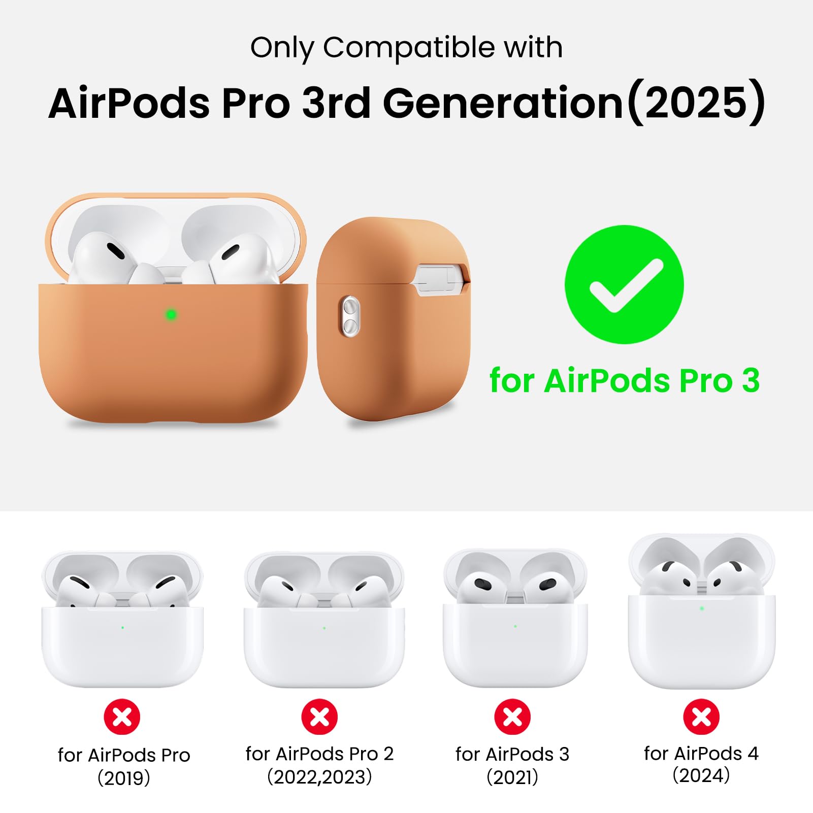 Only Compatible with  
AirPods Pro 3rd Generation (2025)  
for AirPods Pro 3  
for AirPods Pro (2019)  
for AirPods Pro 2 (2022, 2023)  
for AirPods 3 (2021)  
for AirPods 4 (2024)