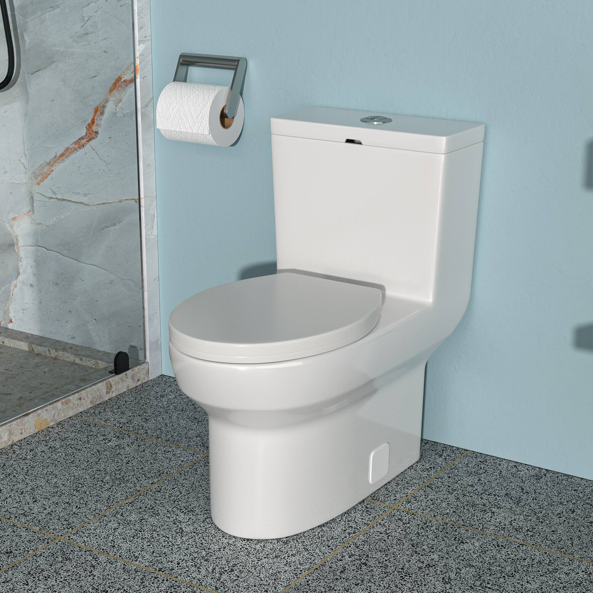 Front. TinyHomie - Ceramic One Piece Toilet Dual Flush with Soft Closing Seat - White.