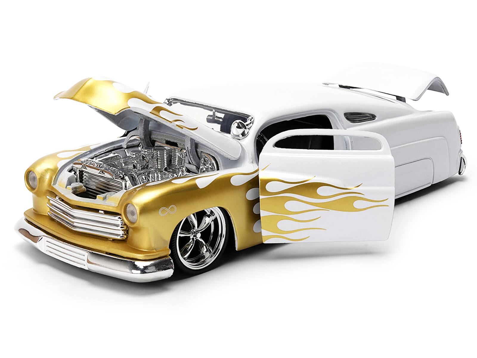Angle. Jada - 1951 Mercury Coupe White with Gold Flames "Bigtime Muscle" Series 1/24 Diecast Model Car by Jada - White with Gold.