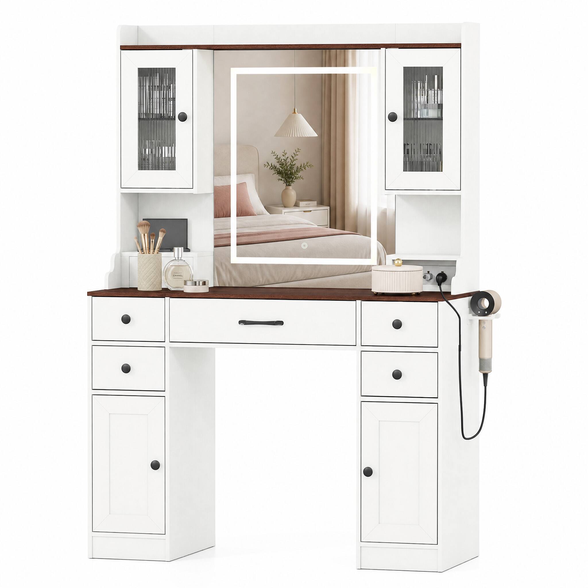 Alt View 4. WELLFOR - 41.5 " LED Vanity Desk with Charging Station & Storage, White Makeup Table with 5 Drawers for Bedroom - White.