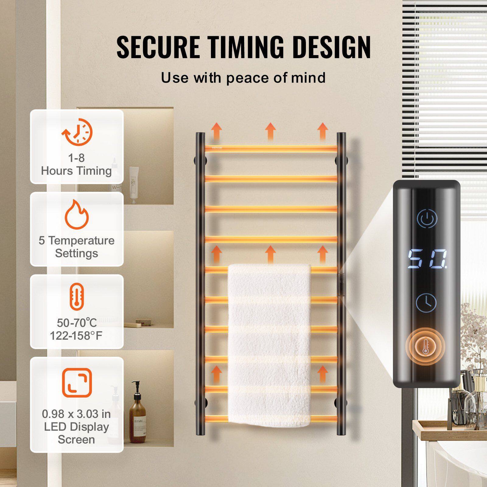 SECURE TIMING DESIGN  
Use with peace of mind  

1-8 Hours Timing  
5 Temperature Settings  
50-70°C (122-158°F)  
0.98 x 3.03 in LED Display Screen