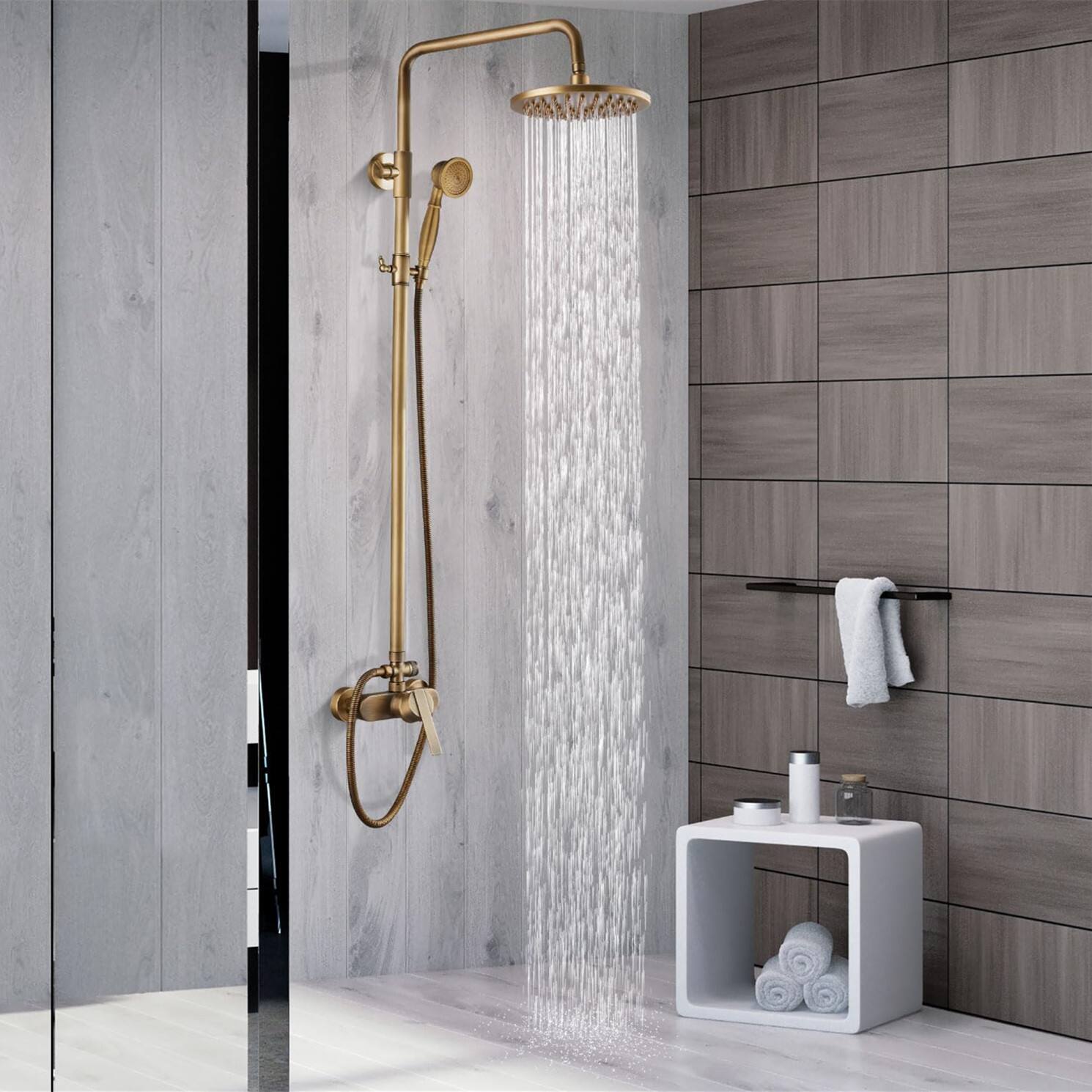 Angle. Dazzed Corner - Antique Brass Exposed Pipe Shower System, Single Handle - Antique Brass.