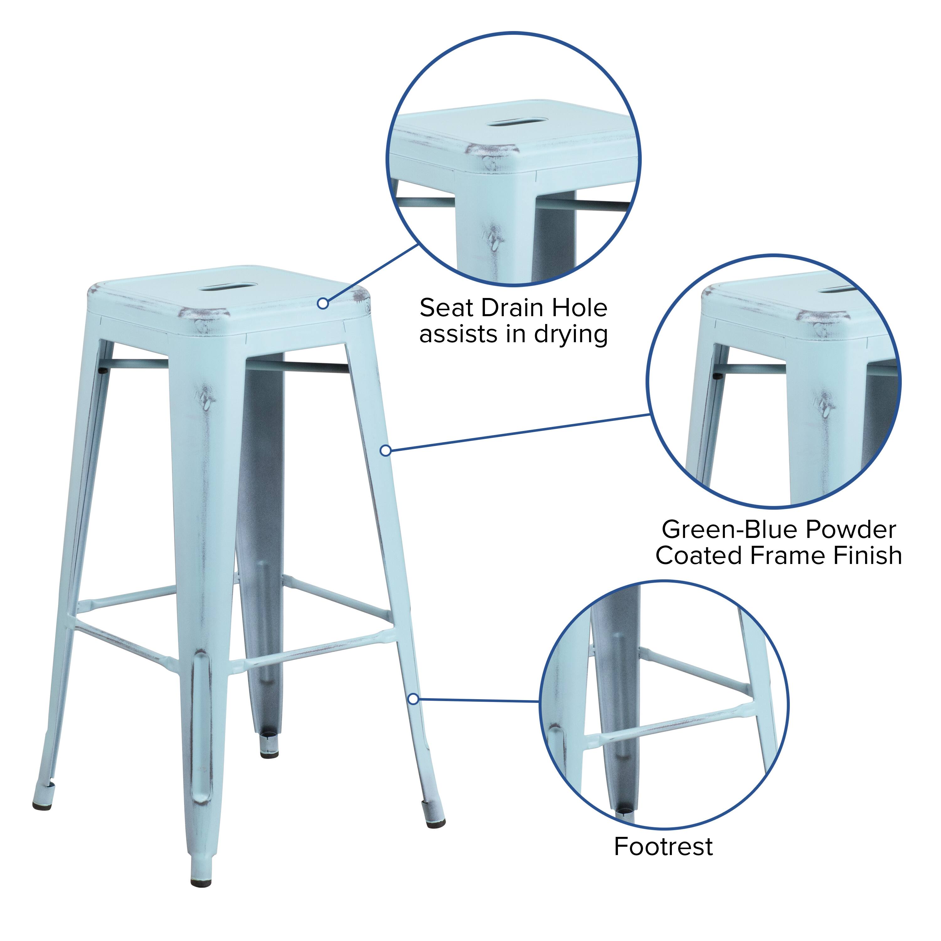 Seat Drain Hole assists in drying  
Green-Blue Powder Coated Frame Finish  
Footrest